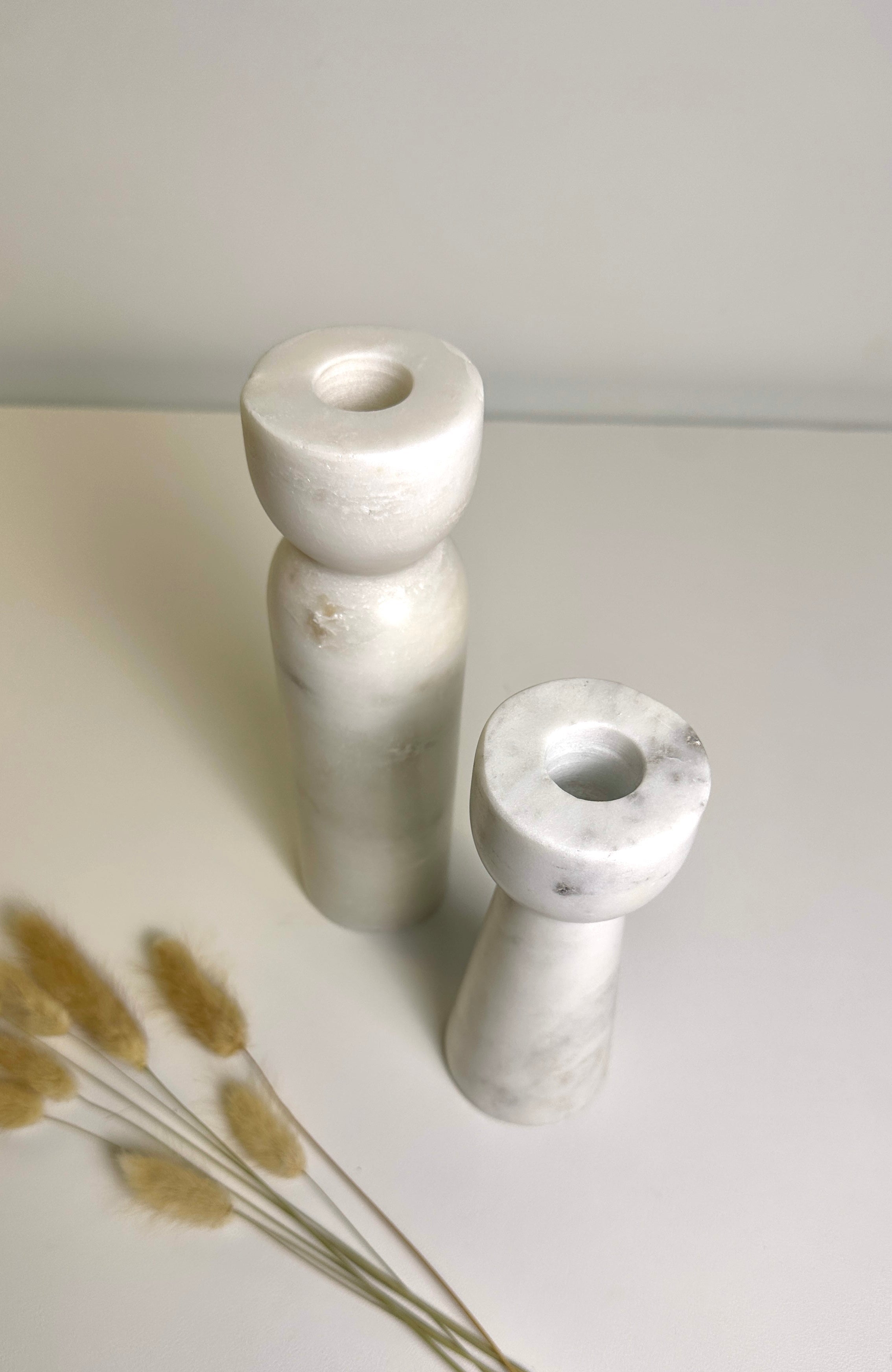 Set of 2 Elegant White Marble Candle Holders, Modern Decorative Candlesticks