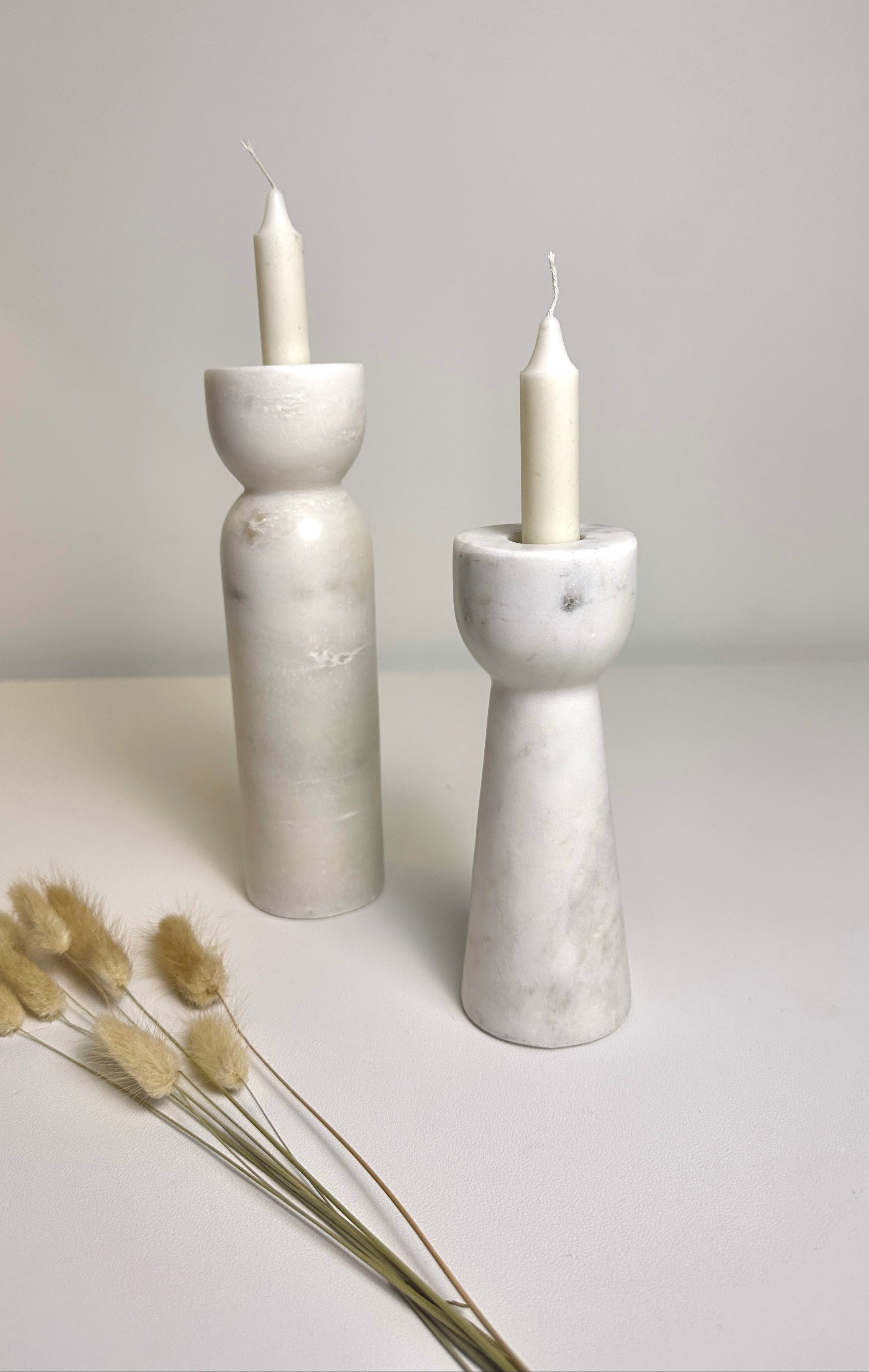 Set of 2 Elegant White Marble Candle Holders, Modern Decorative Candlesticks