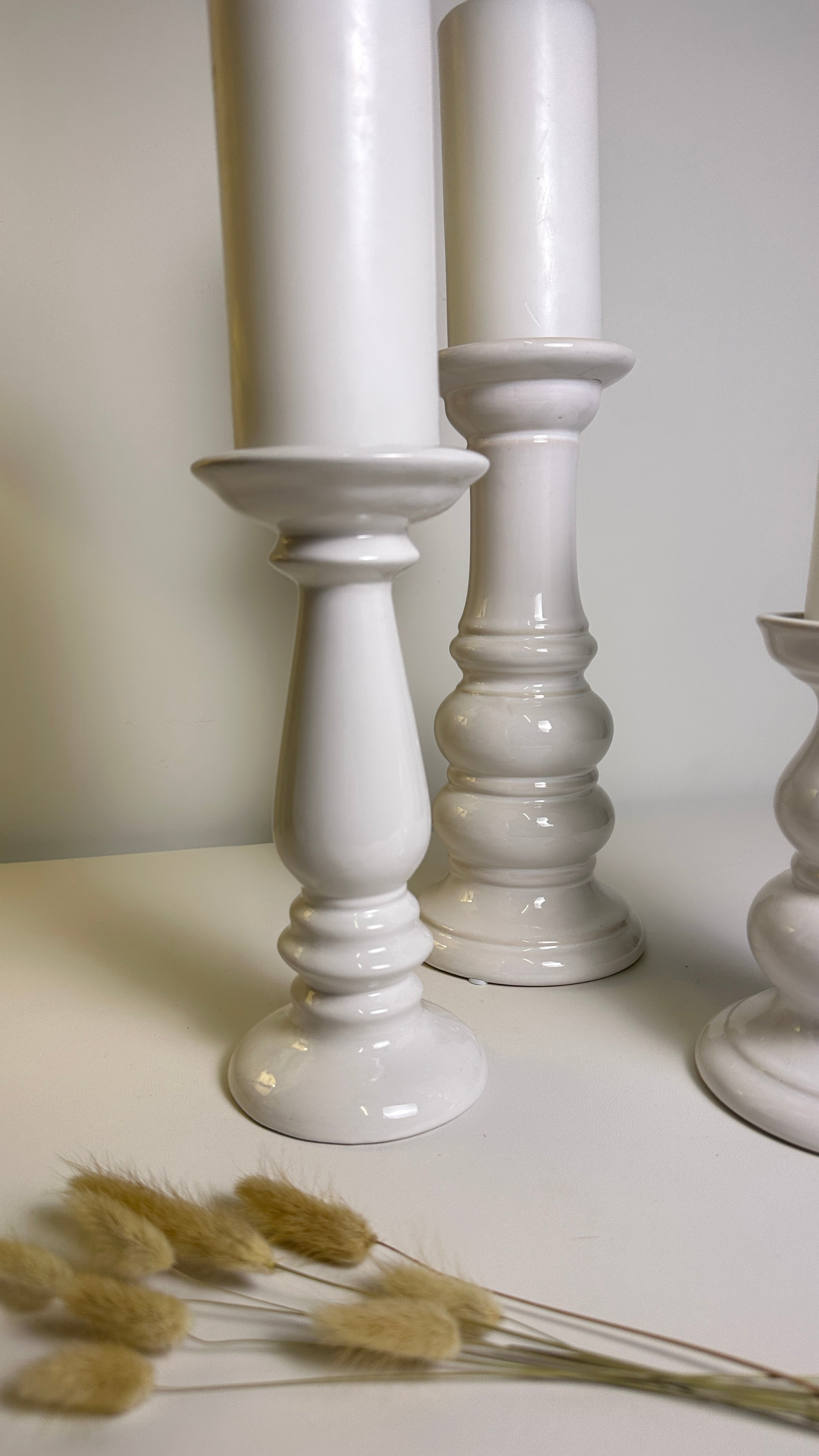 Set of 3 // Modern Ceramic White Candle Holders (tall 7", medium 6", small 5")