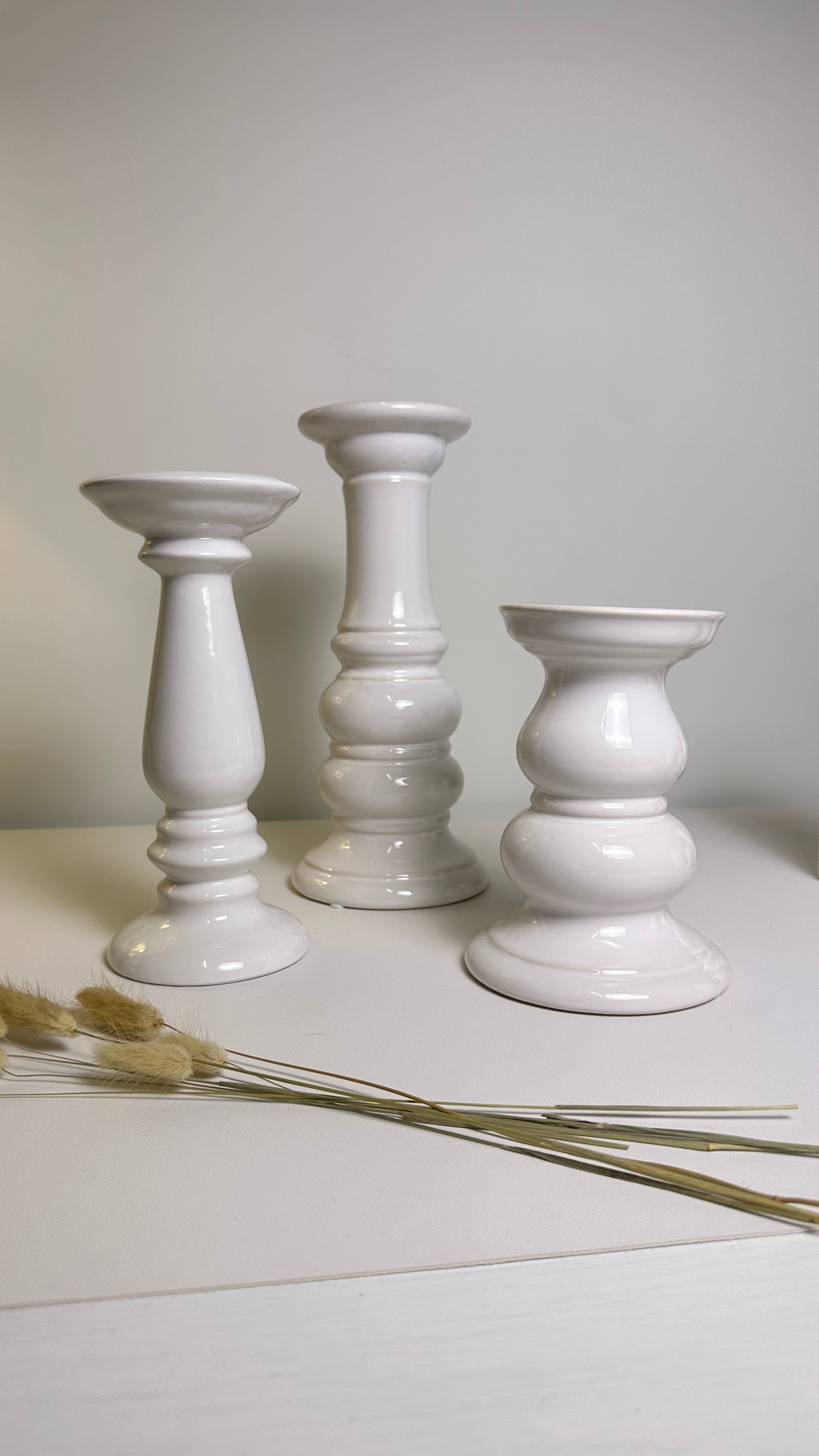 Set of 3 // Modern Ceramic White Candle Holders (tall 7", medium 6", small 5")