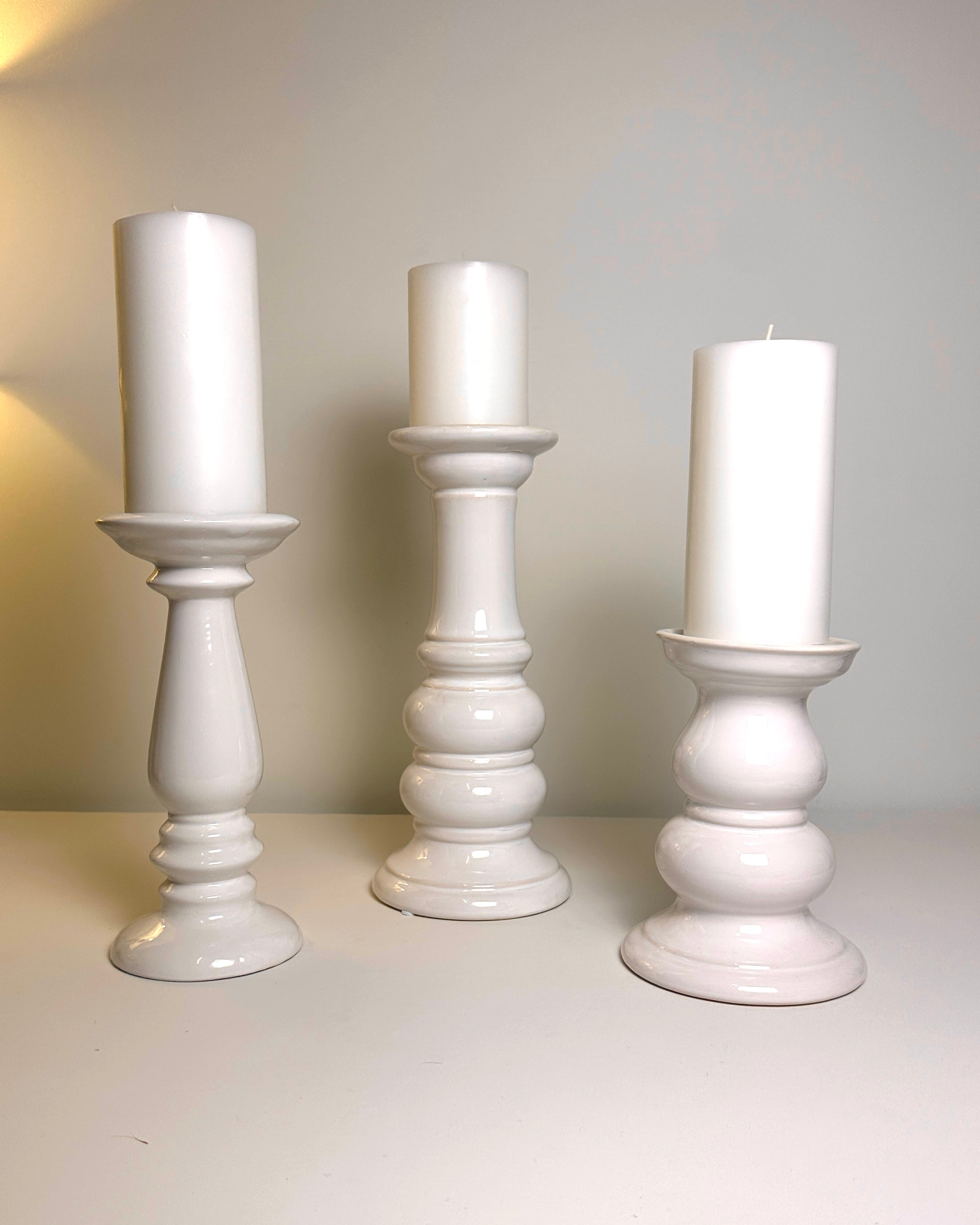 Set of 3 // Modern Ceramic White Candle Holders (tall 7", medium 6", small 5")