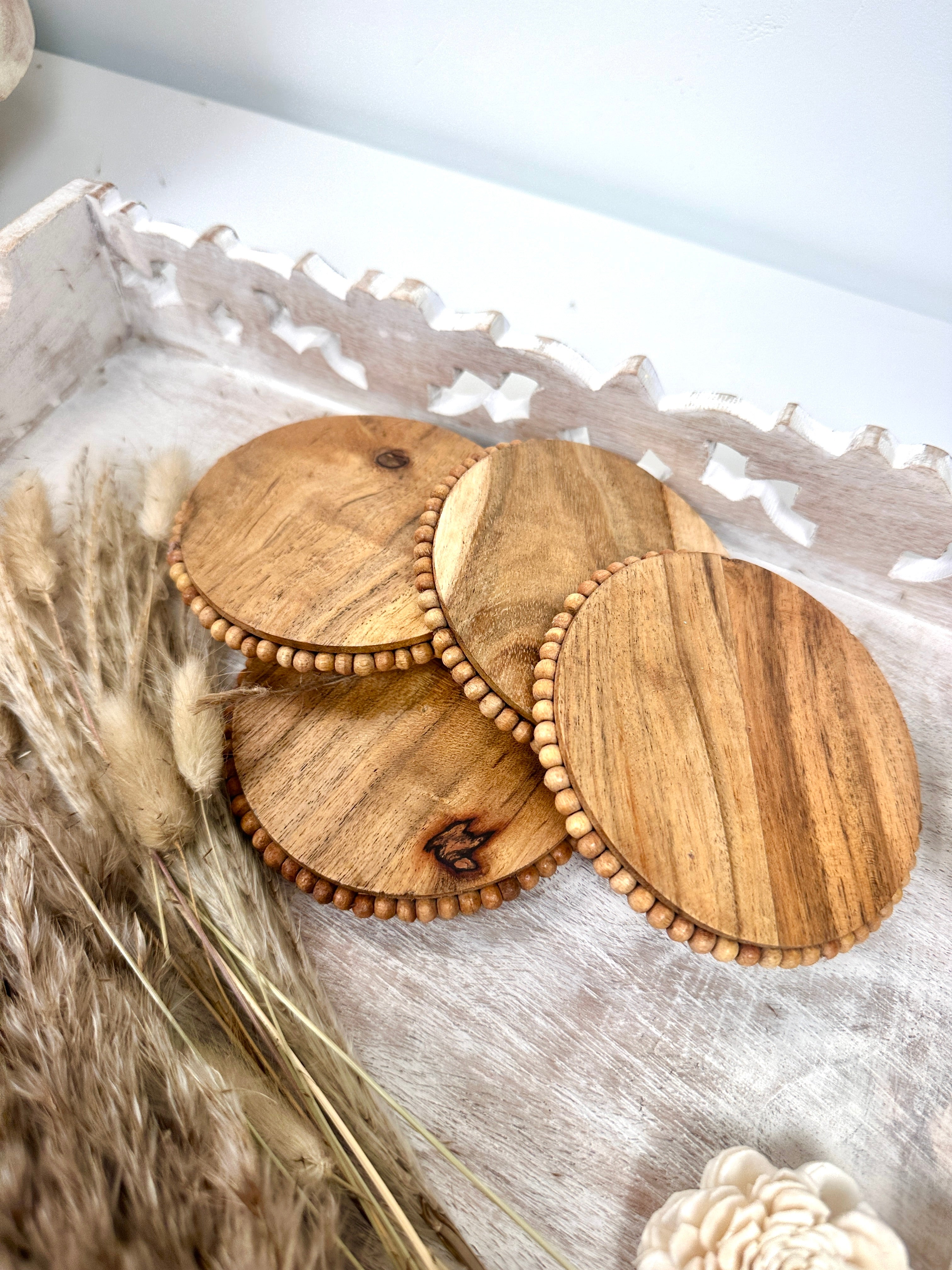 Set of 4 Rustic Boho Coasters Wood