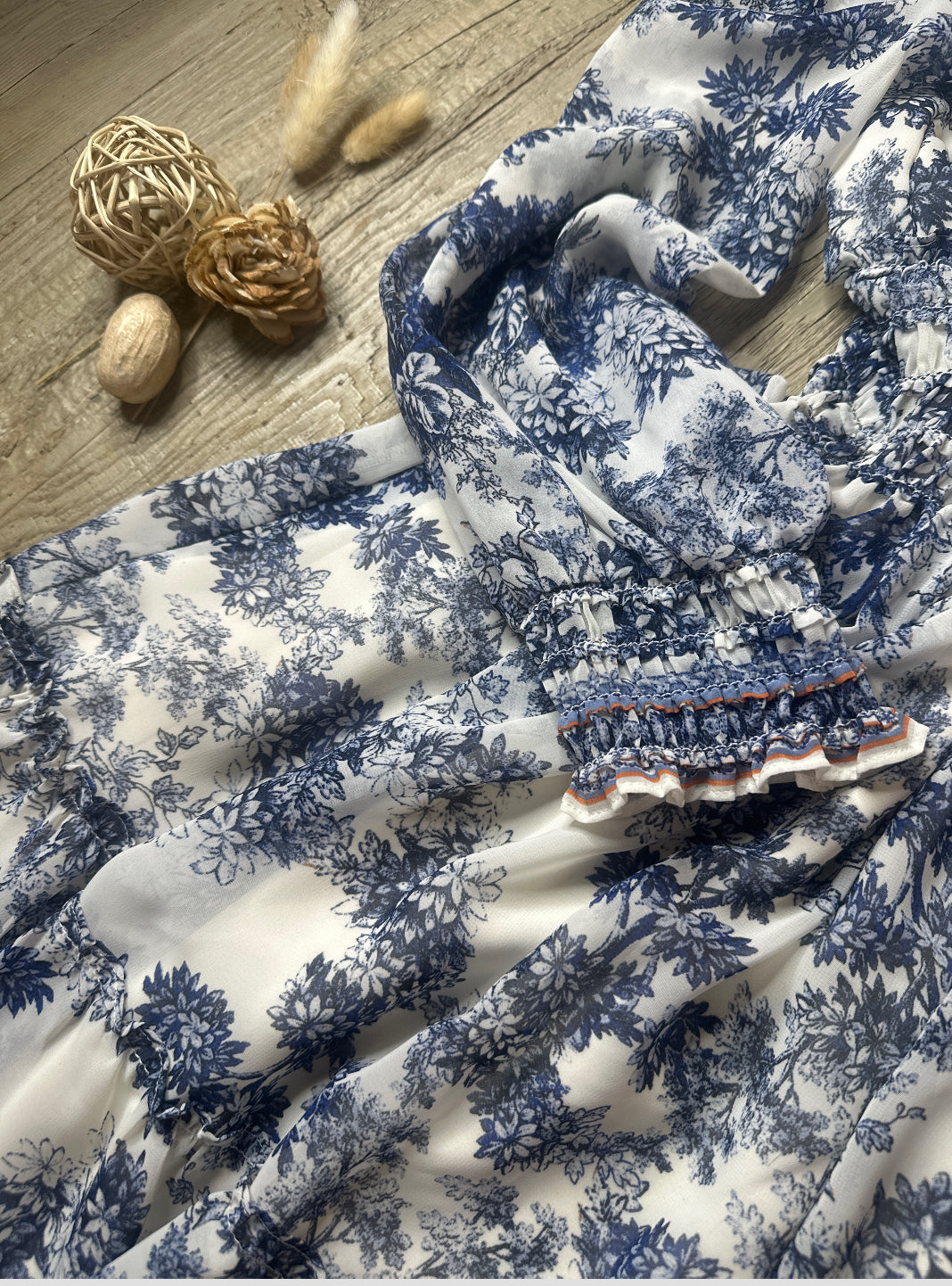 Women's French Style Floral Print Dress, Long Sleeve, White and Navy Blue