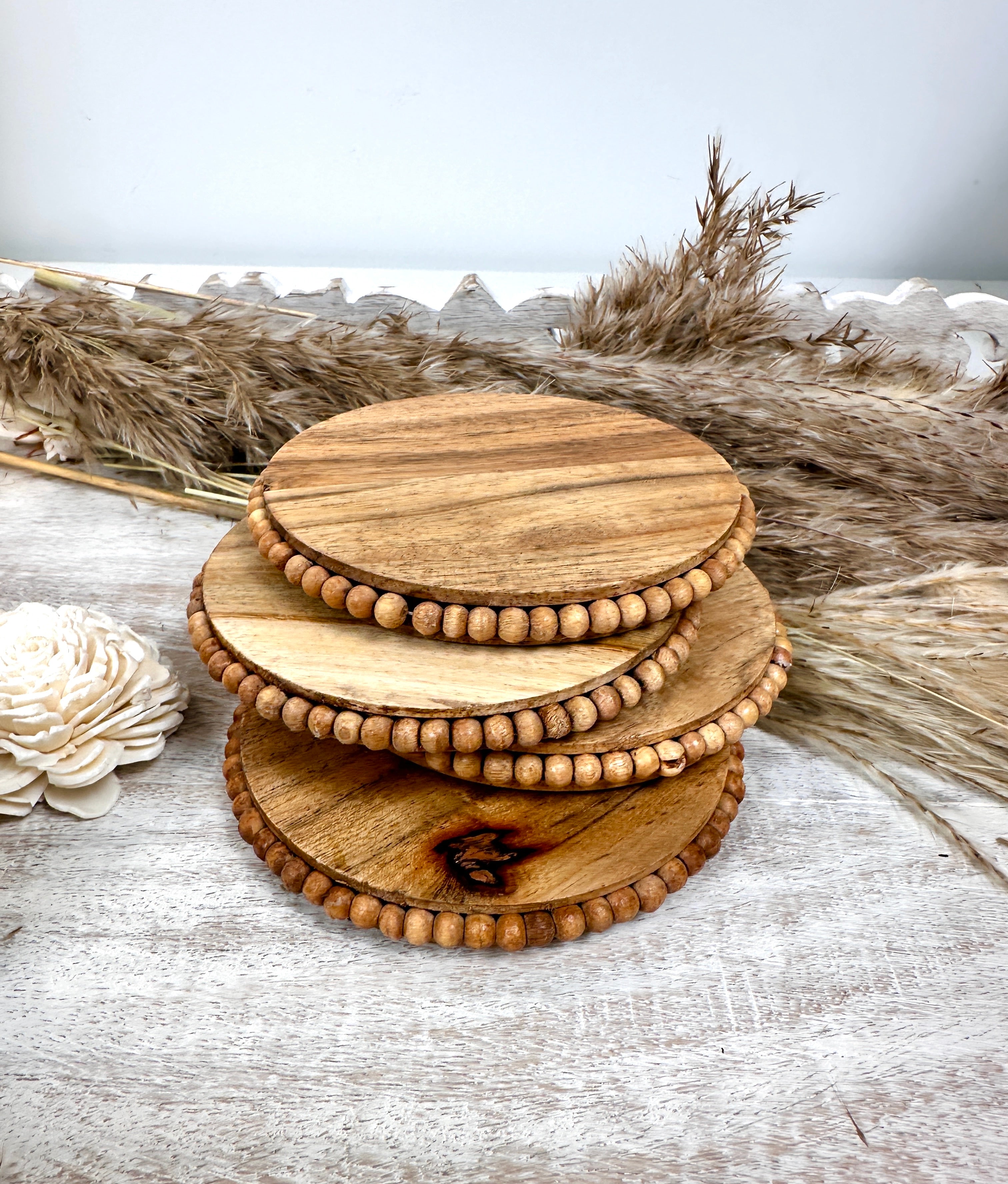 Set of 4 Rustic Boho Coasters Wood