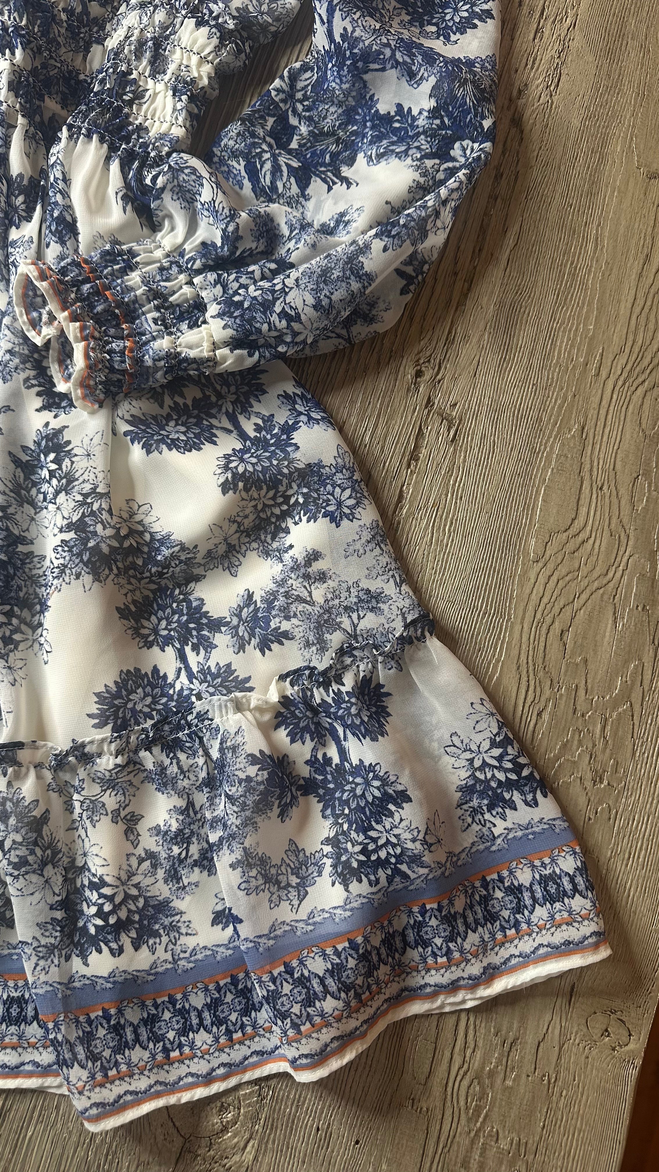 Women's French Style Floral Print Dress, Long Sleeve, White and Navy Blue