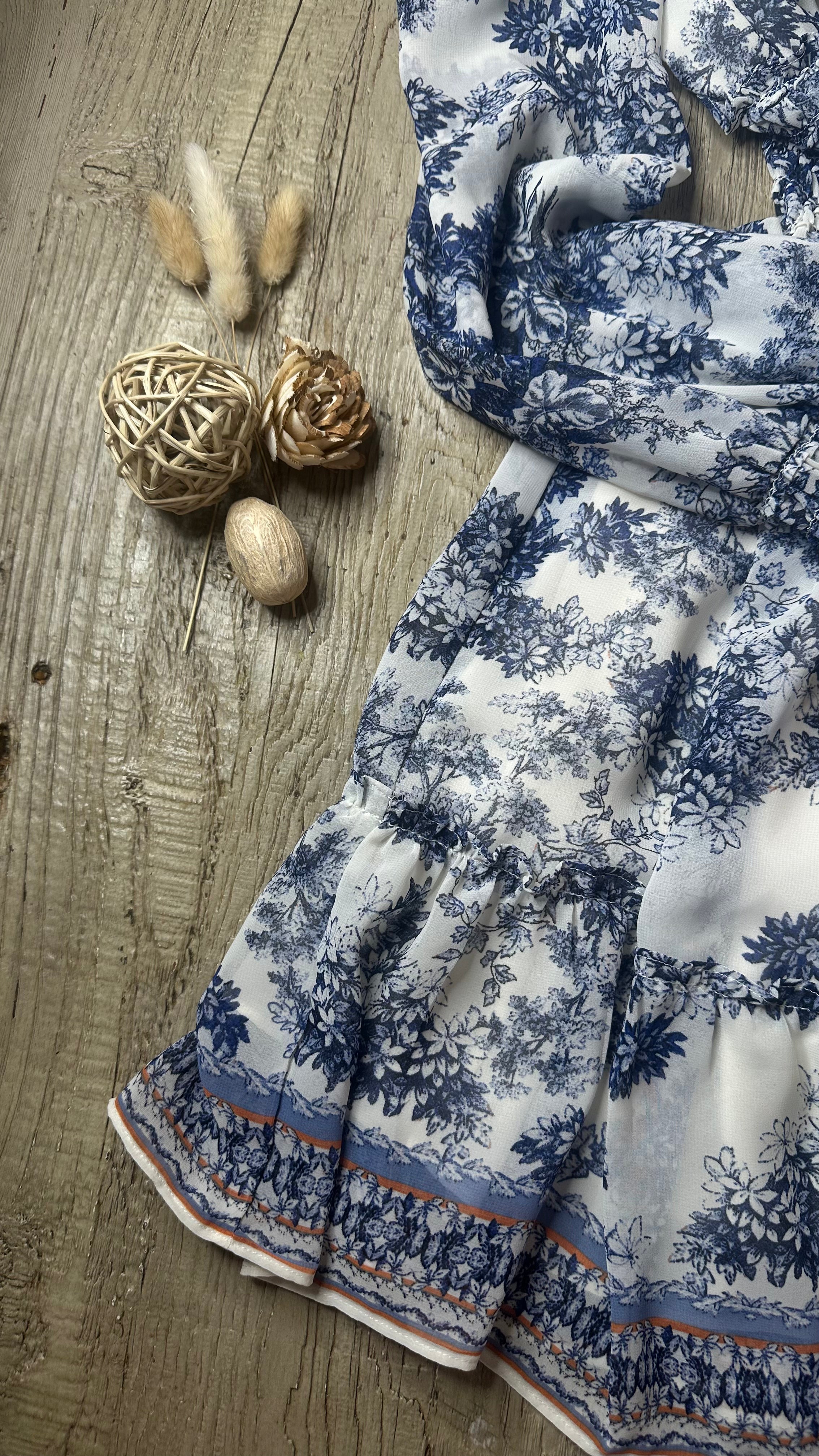 Women's French Style Floral Print Dress, Long Sleeve, White and Navy Blue