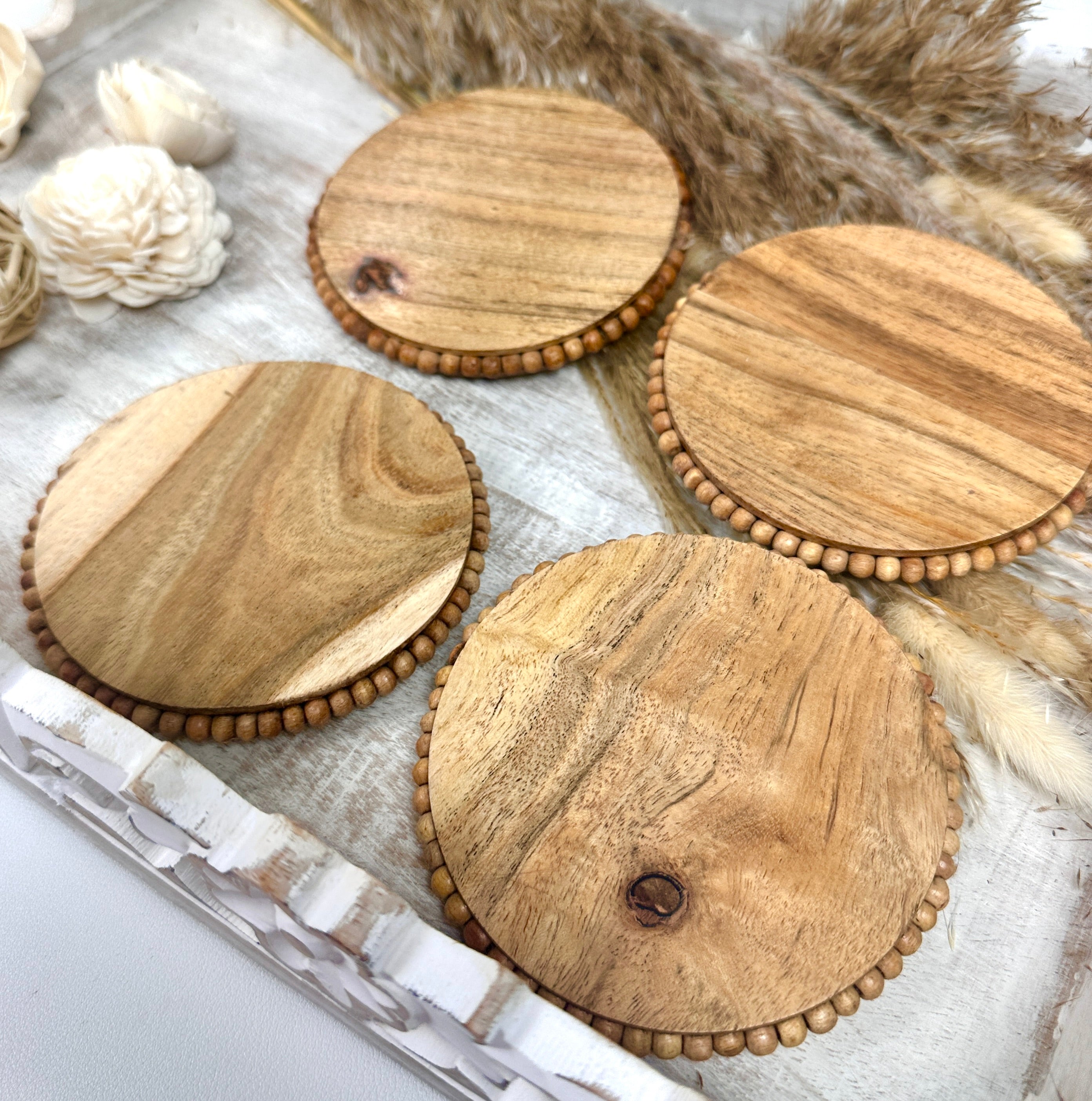 Set of 4 Rustic Boho Coasters Wood