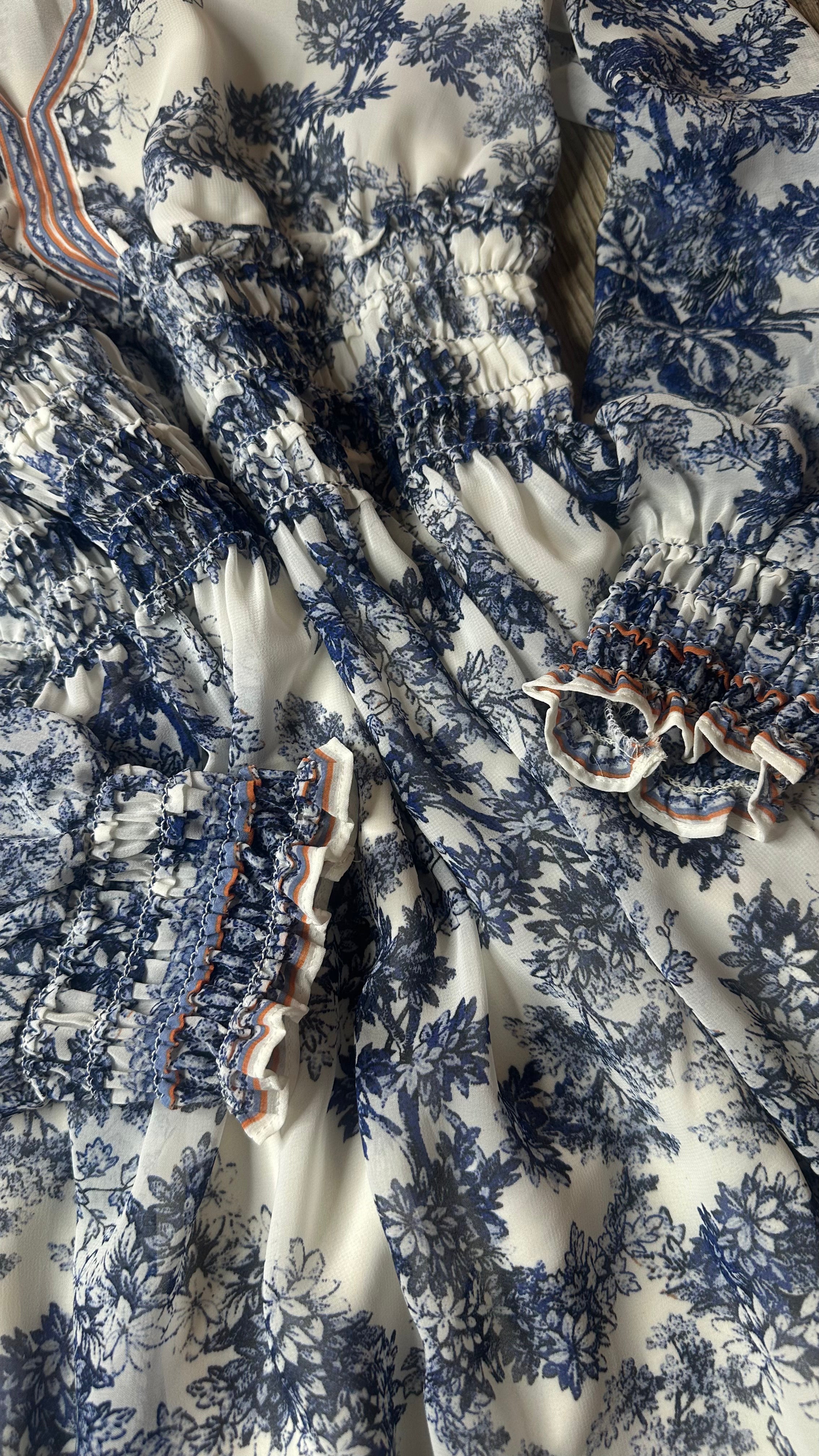 Women's French Style Floral Print Dress, Long Sleeve, White and Navy Blue