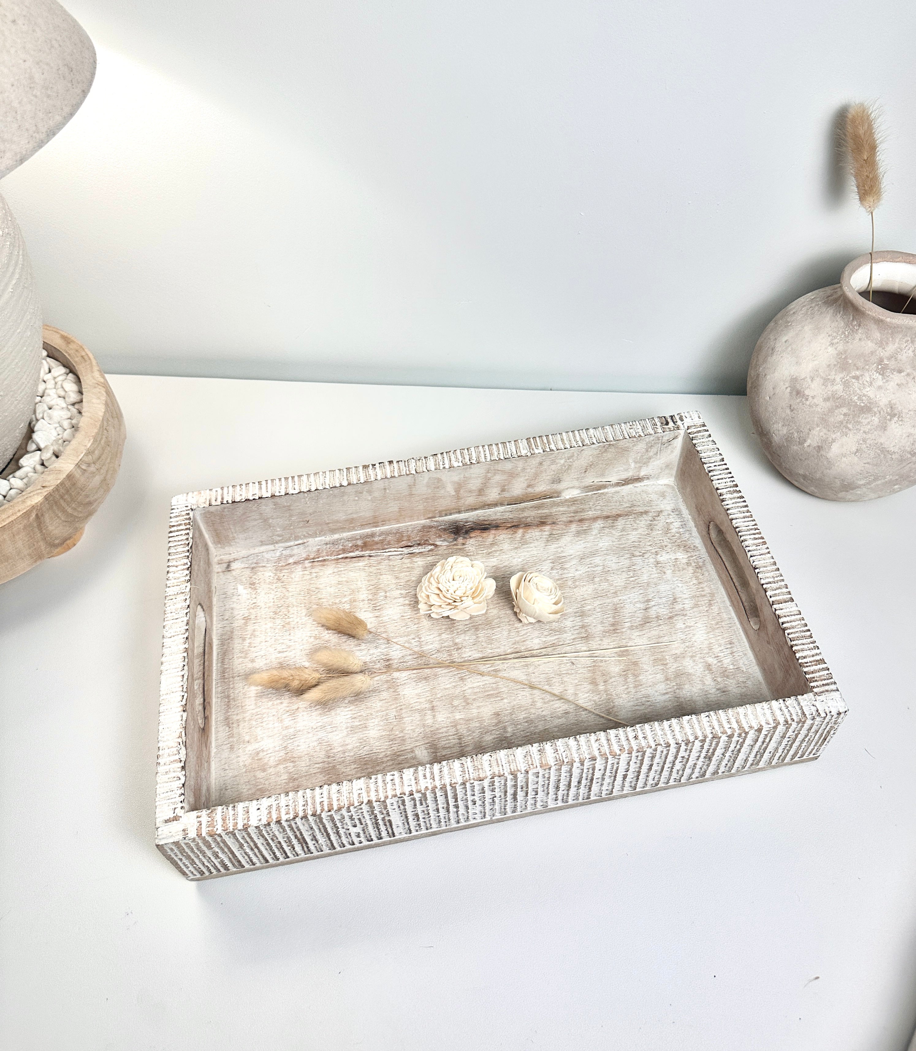Boho Handmade Serving Wooden Tray Whitewash with stripes 12"