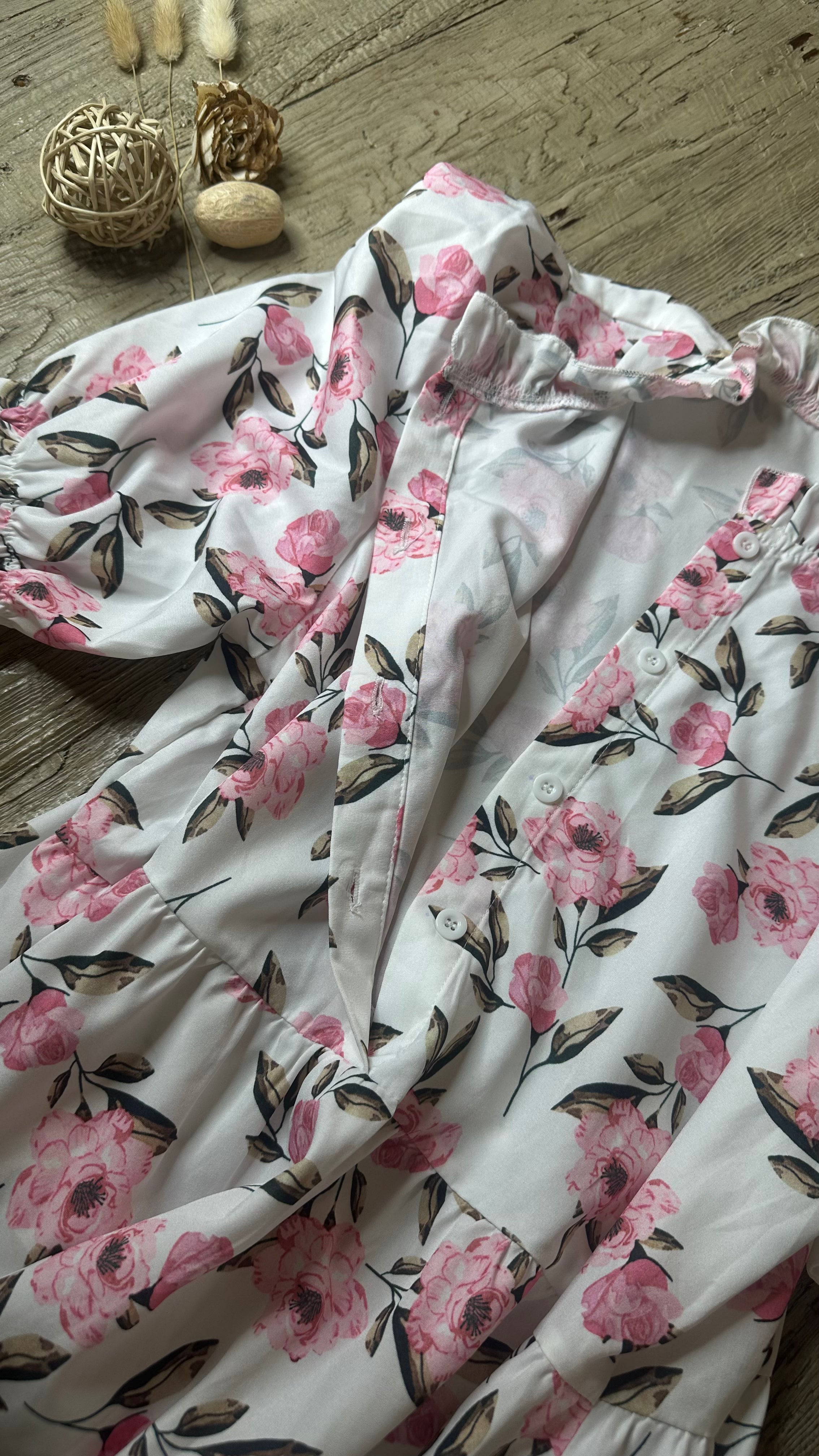Floral Print Babydoll Dress, Mock Neck, 3/4 Puff Sleeves, White with Pink Flowers