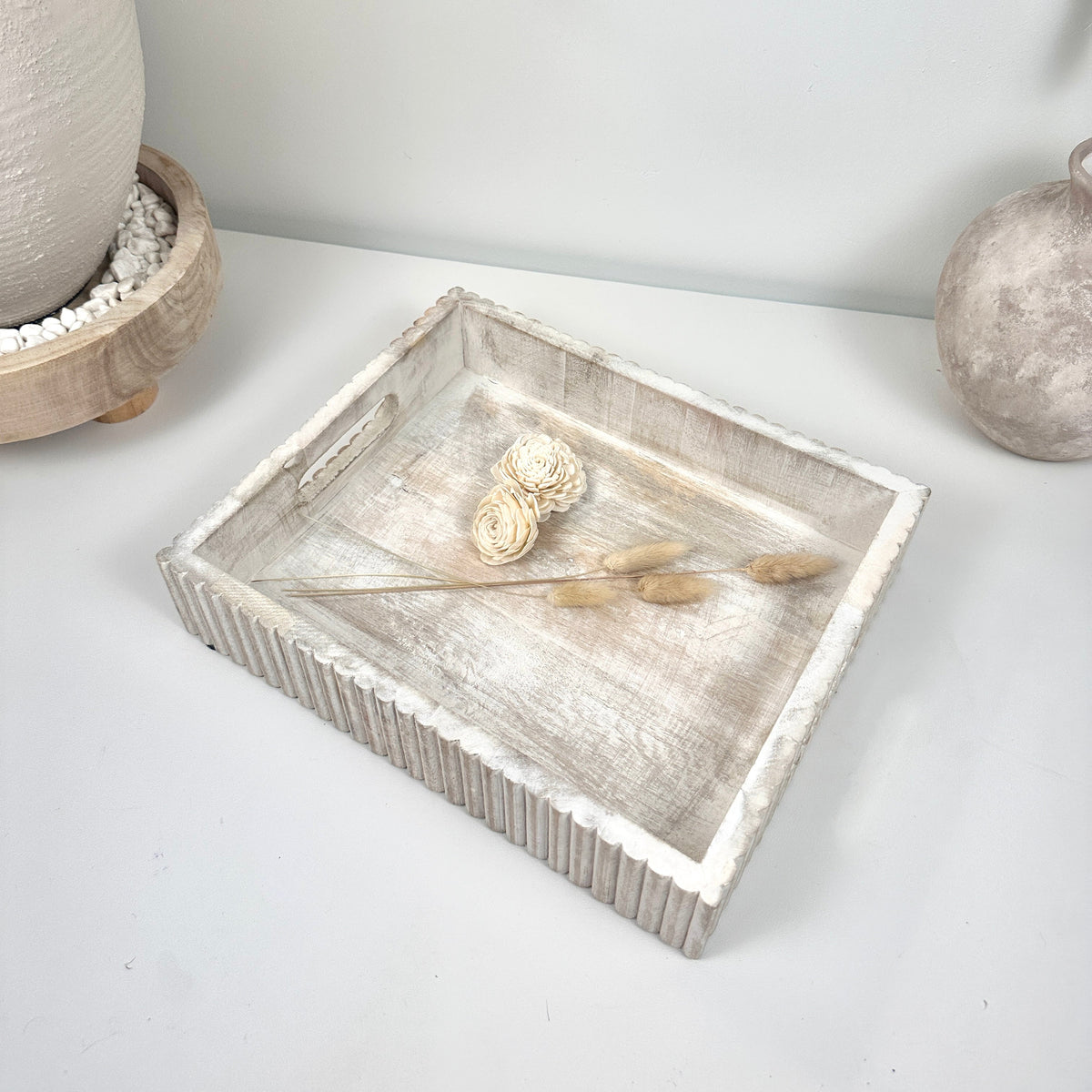 Boho Handmade Serving Wooden Tray Whitewash with stripes 12"