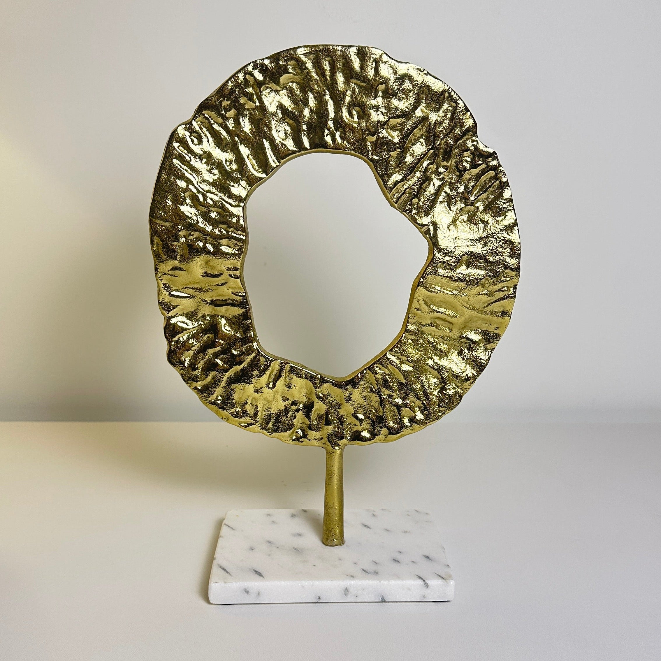 Modern Decorative Sculpture with Marble Base, Gold Textured Metal Art, 13 Inch Tall