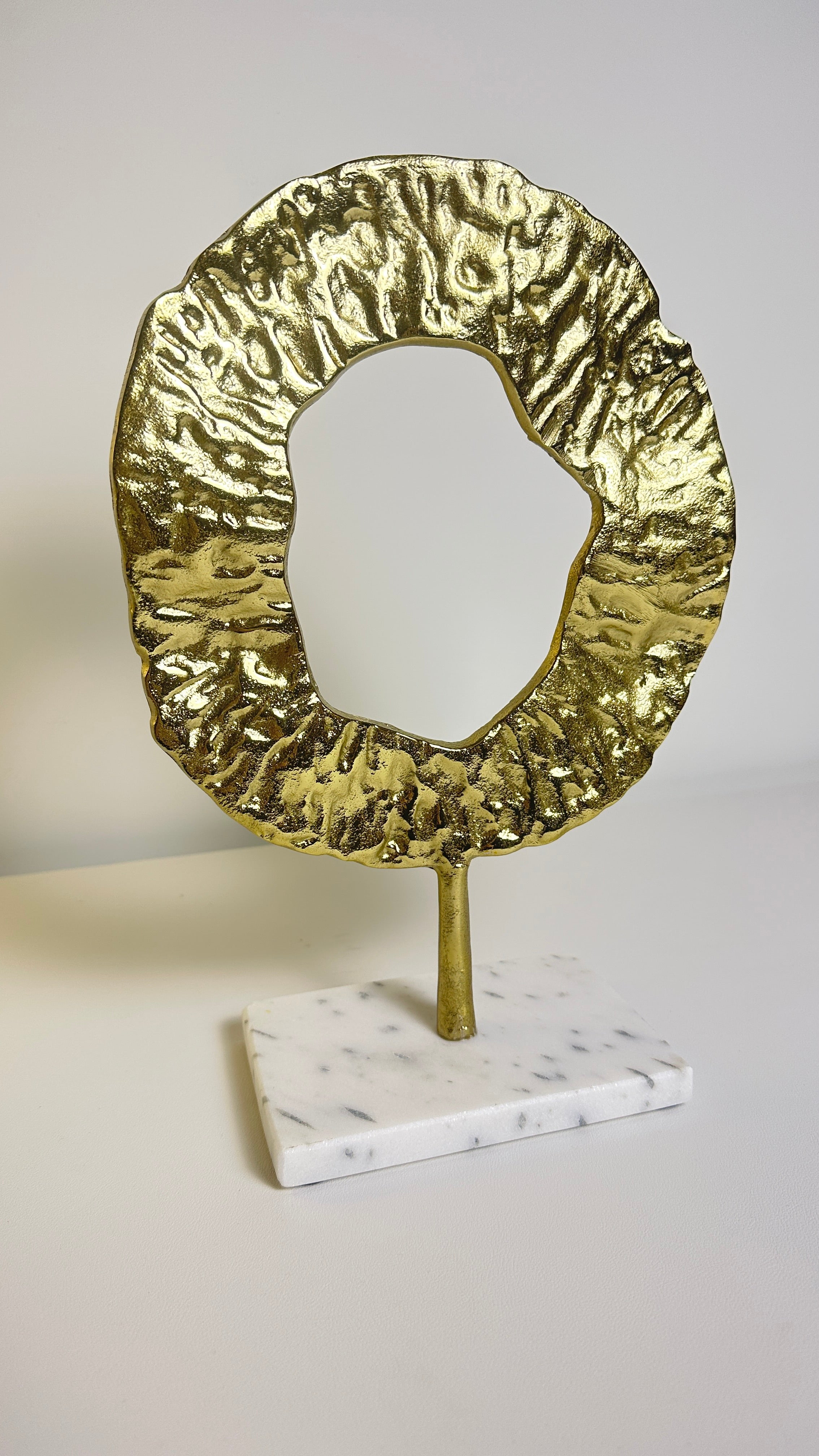 Modern Decorative Sculpture with Marble Base, Gold Textured Metal Art, 13 Inch Tall