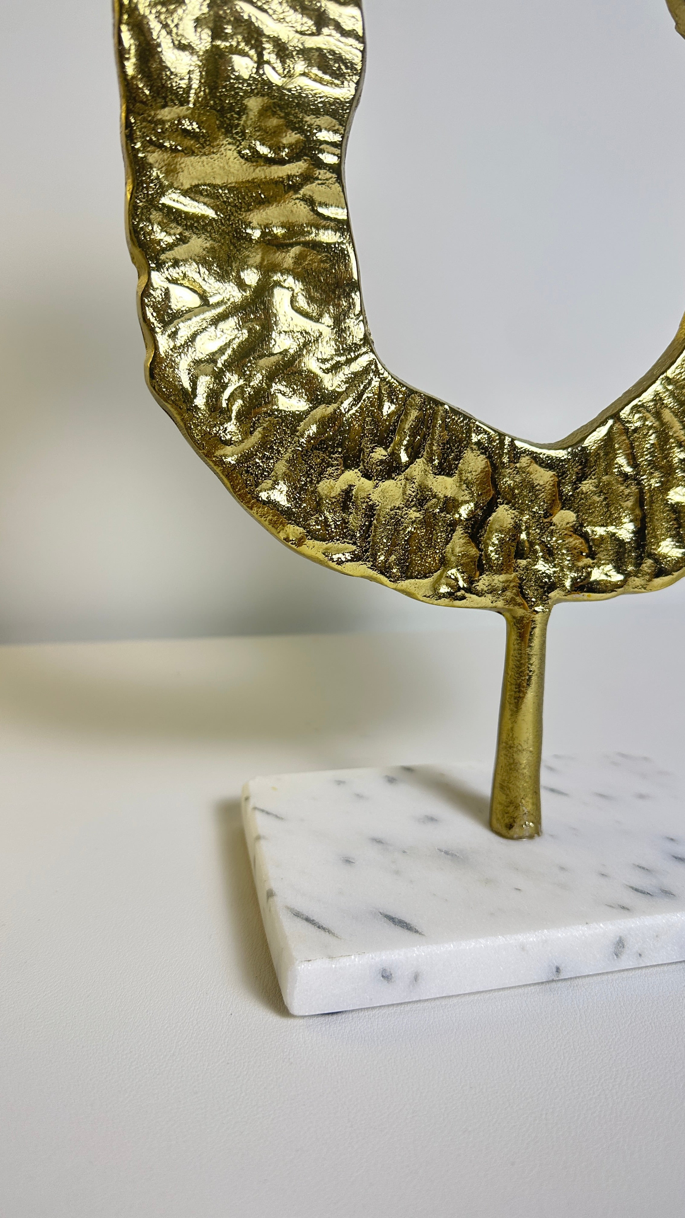 Modern Decorative Sculpture with Marble Base, Gold Textured Metal Art, 13 Inch Tall