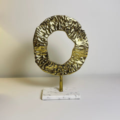 Modern Decorative Sculpture with Marble Base, Gold Textured Metal Art, 13 Inch Tall