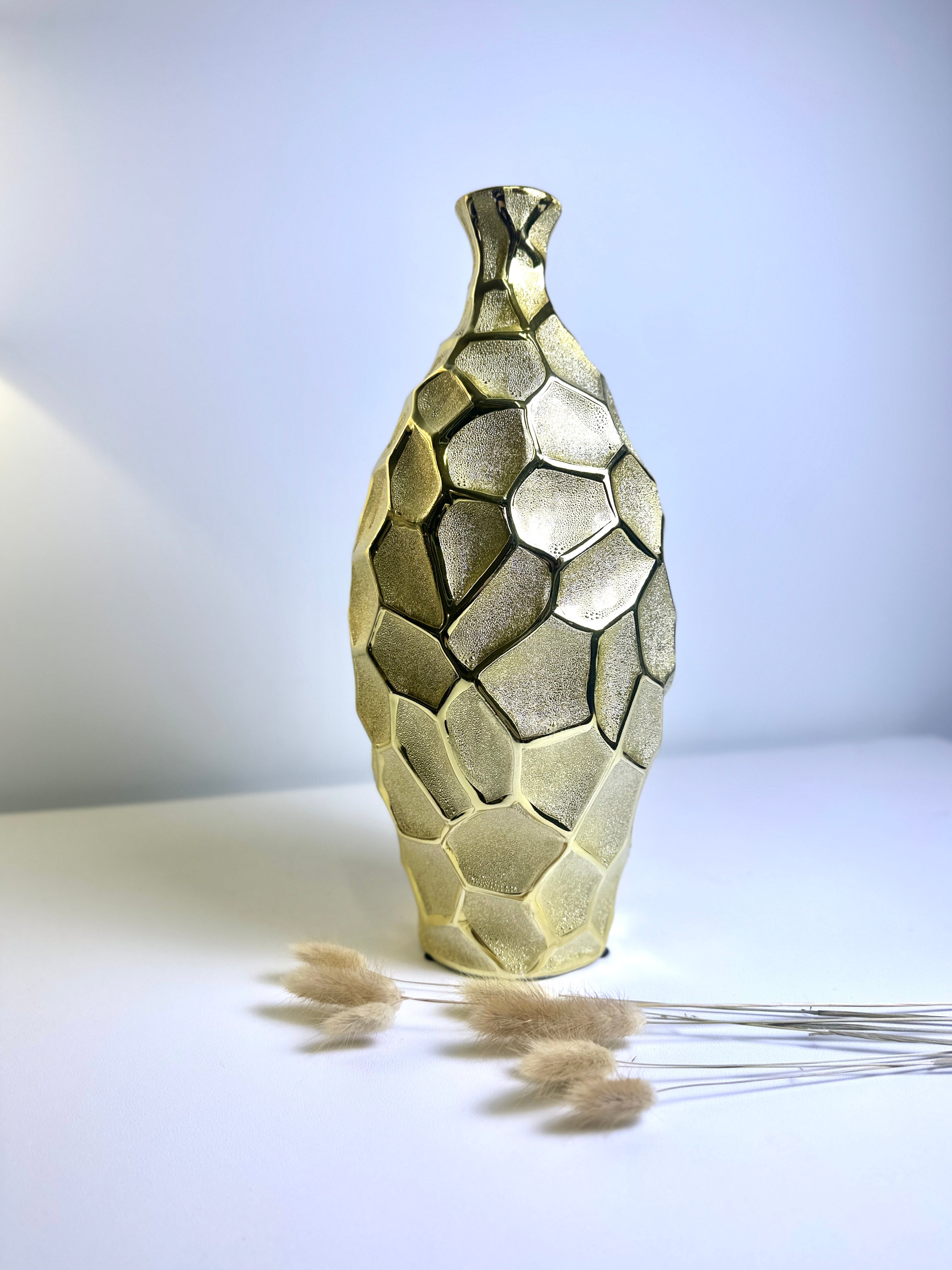 Modern Textured Metal Gold Vase, 14 Inch, Geometric Honeycomb Design