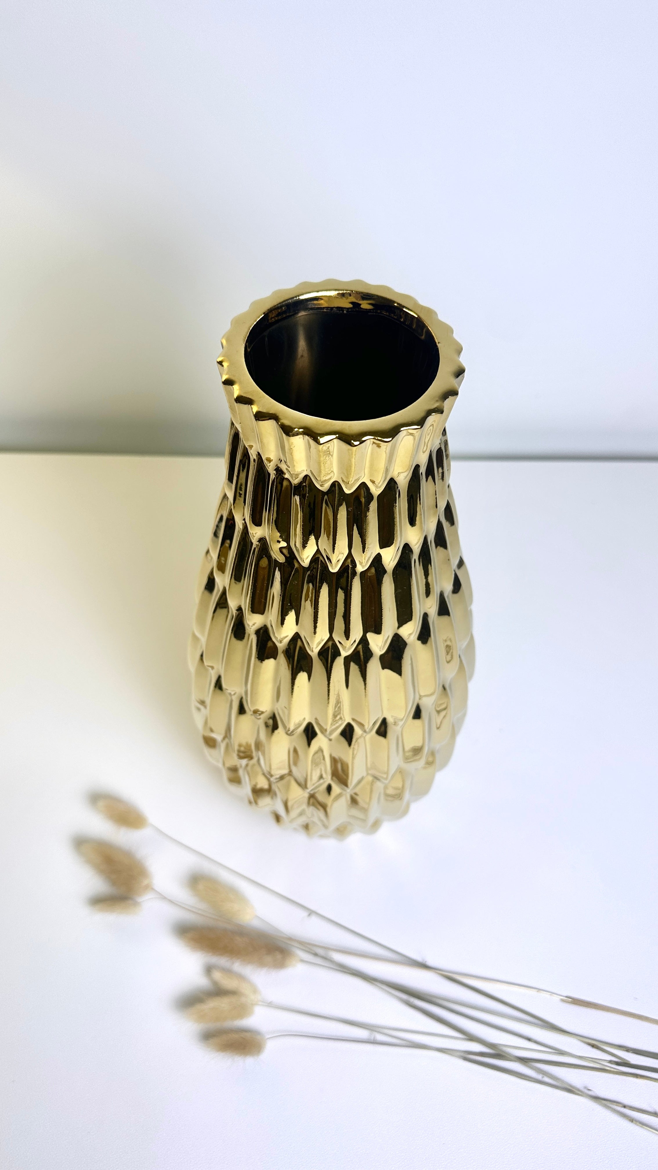 Modern Contemporary Ceramic Gold Vase, 14 Inch, Decorative Metal Flower Vase with Textured Design