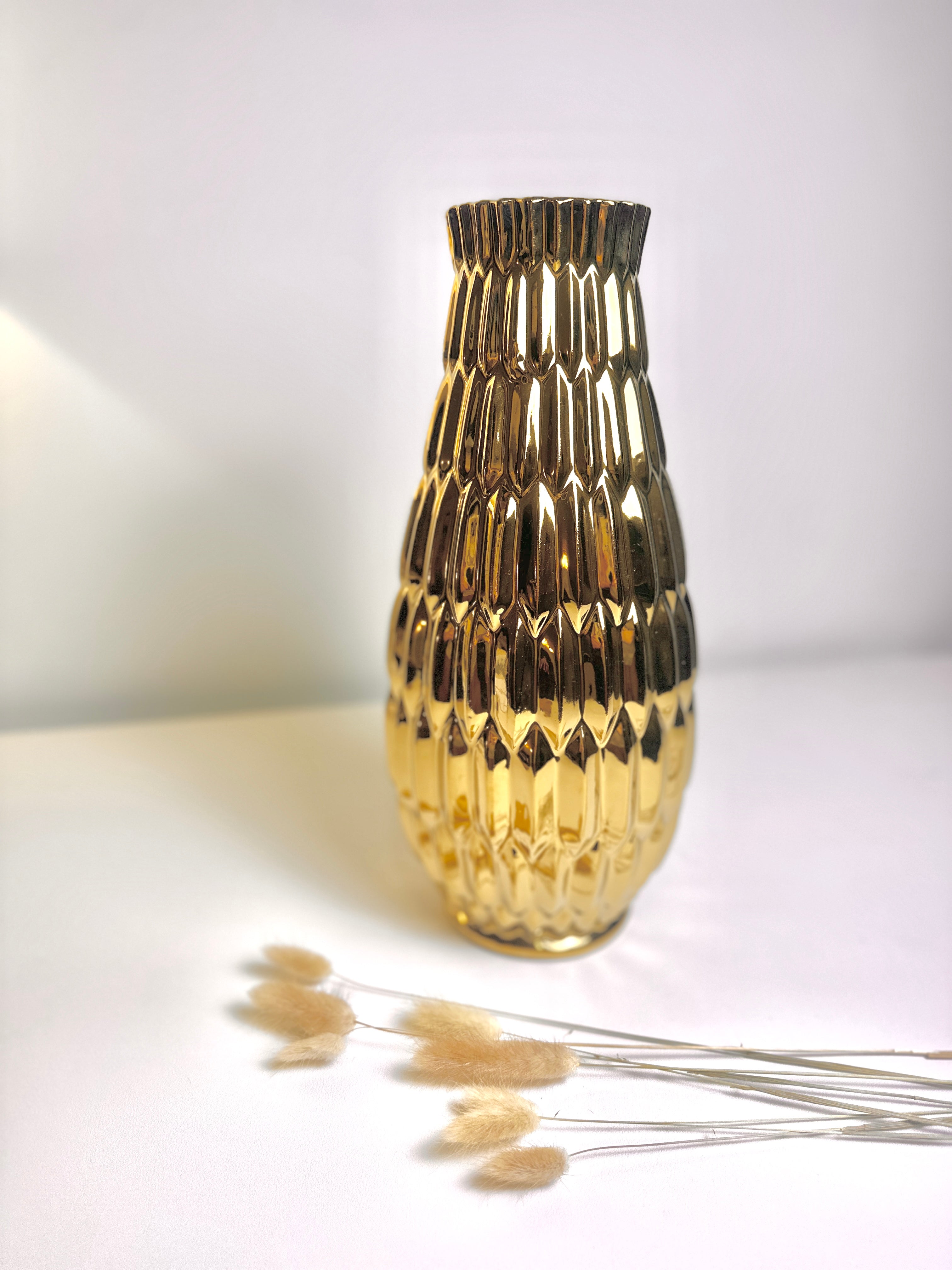 Modern Contemporary Ceramic Gold Vase, 14 Inch, Decorative Metal Flower Vase with Textured Design
