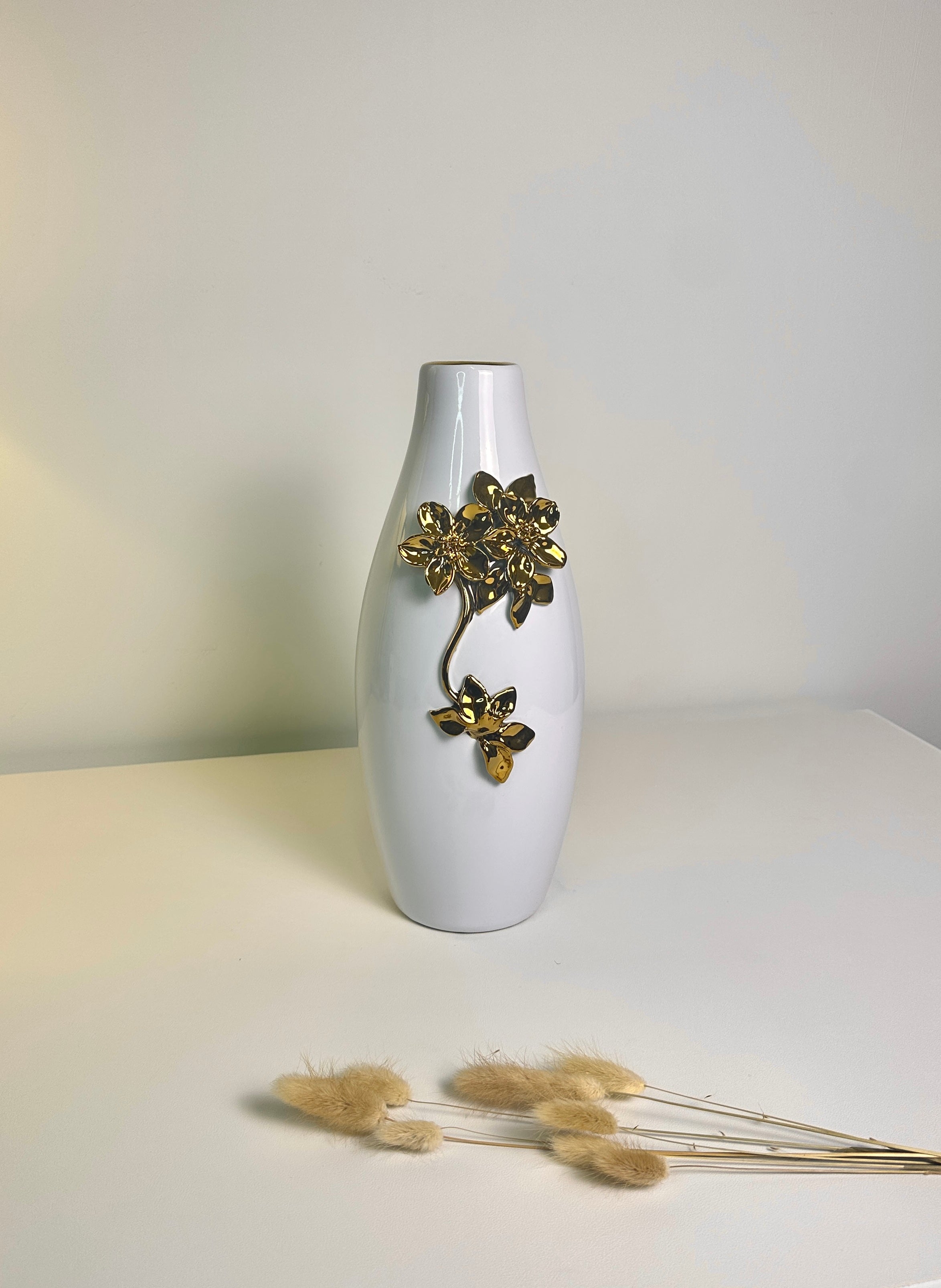 Modern Ceramic Vase with Gold Flower Decoration, White, 13 Inch