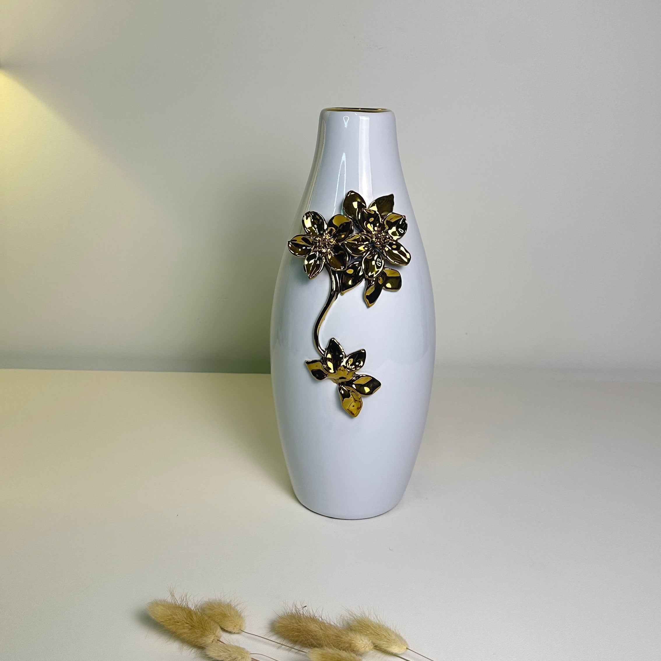 Modern Ceramic Vase with Gold Flower Decoration, White, 13 Inch