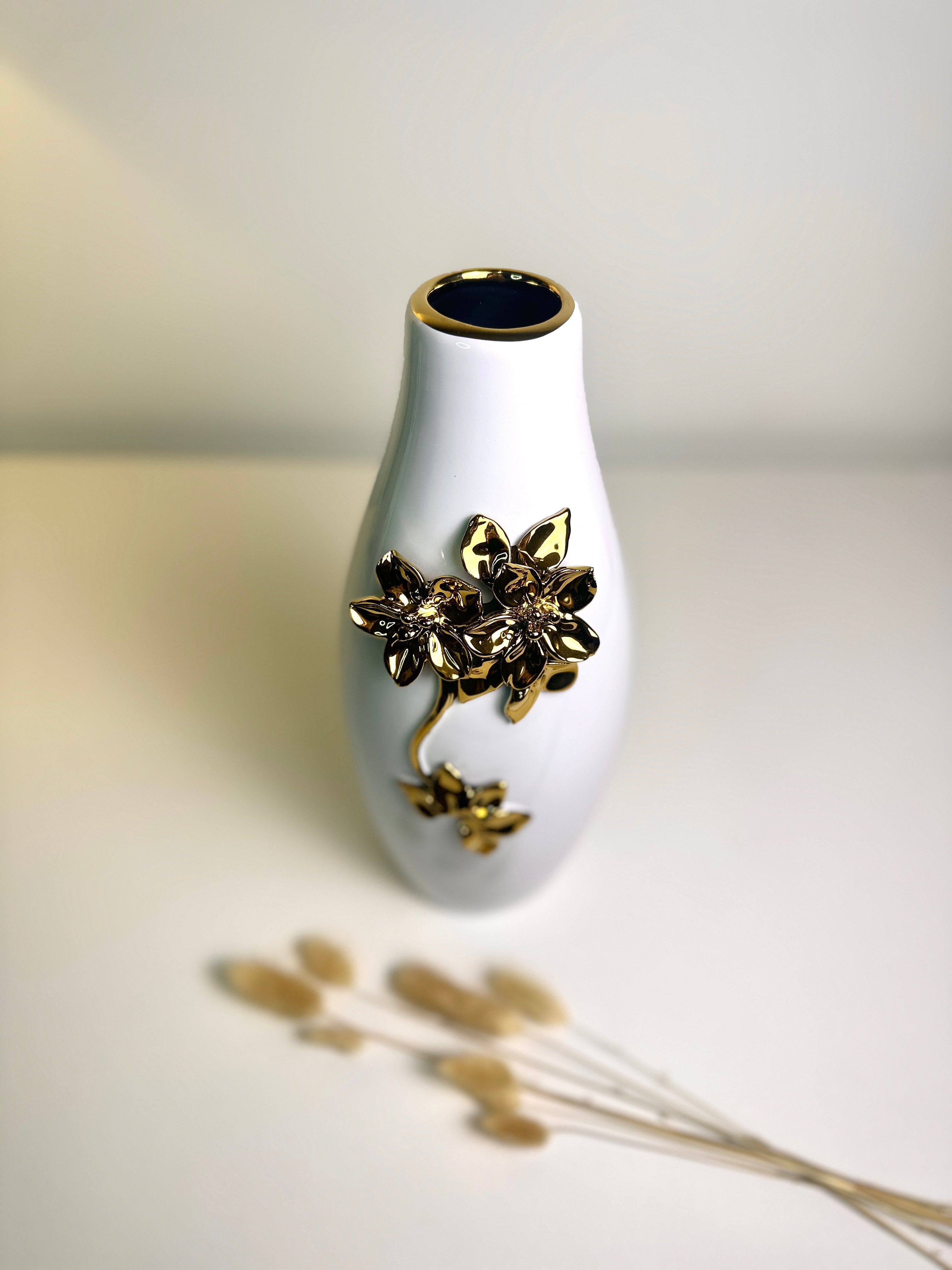 Modern Ceramic Vase with Gold Flower Decoration, White, 13 Inch