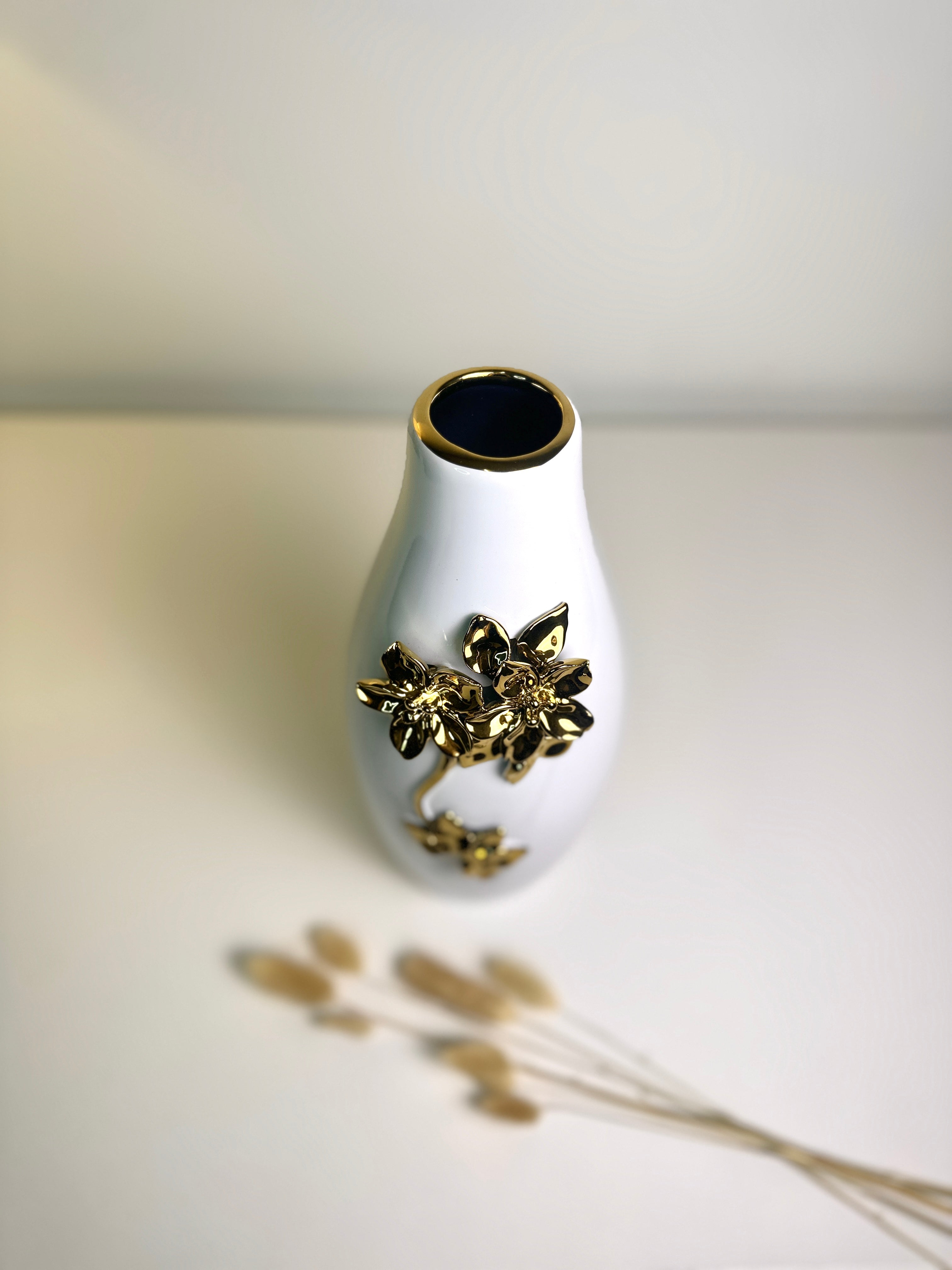 Modern Ceramic Vase with Gold Flower Decoration, White, 13 Inch