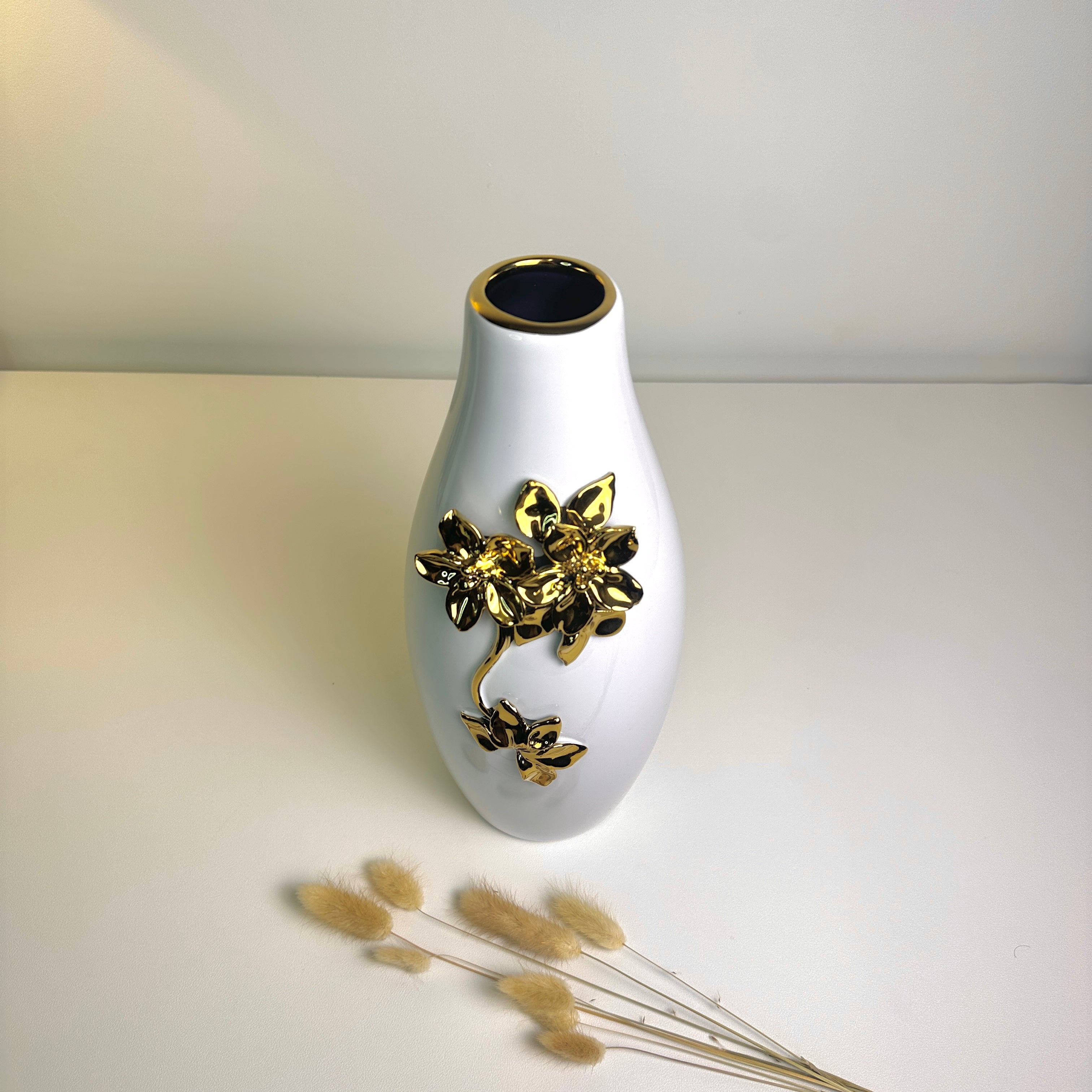 Modern Ceramic Vase with Gold Flower Decoration, White, 13 Inch
