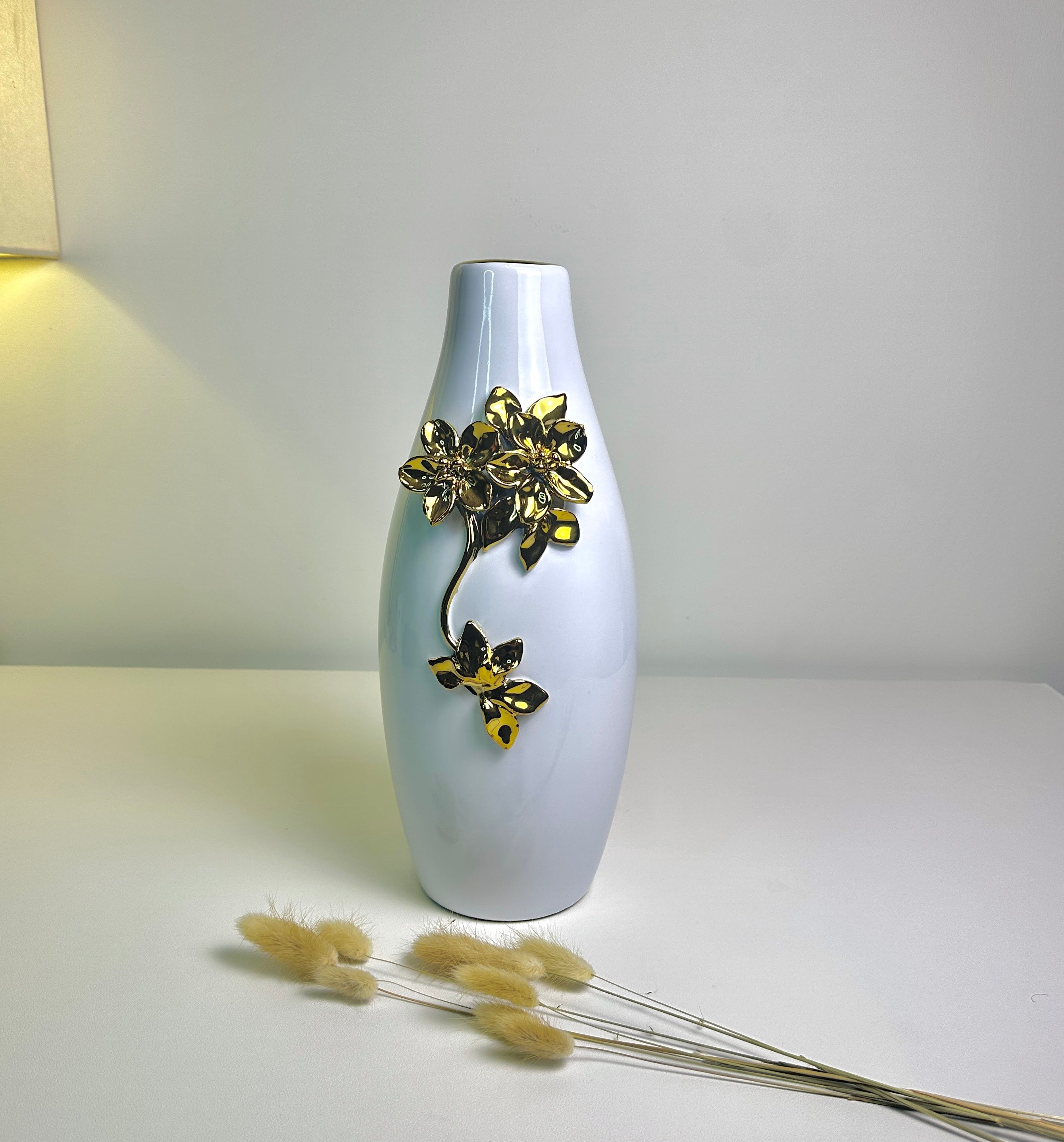 Modern Ceramic Vase with Gold Flower Decoration, White, 13 Inch