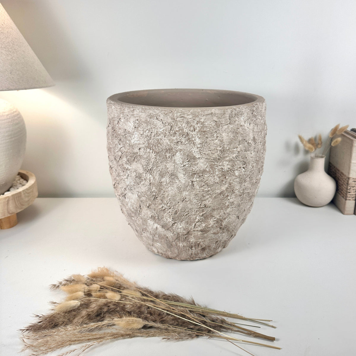 Minimalist Hand-Painted & Textured Planter Pot 13.5" tall with drainage hole one time creation - Beige washed