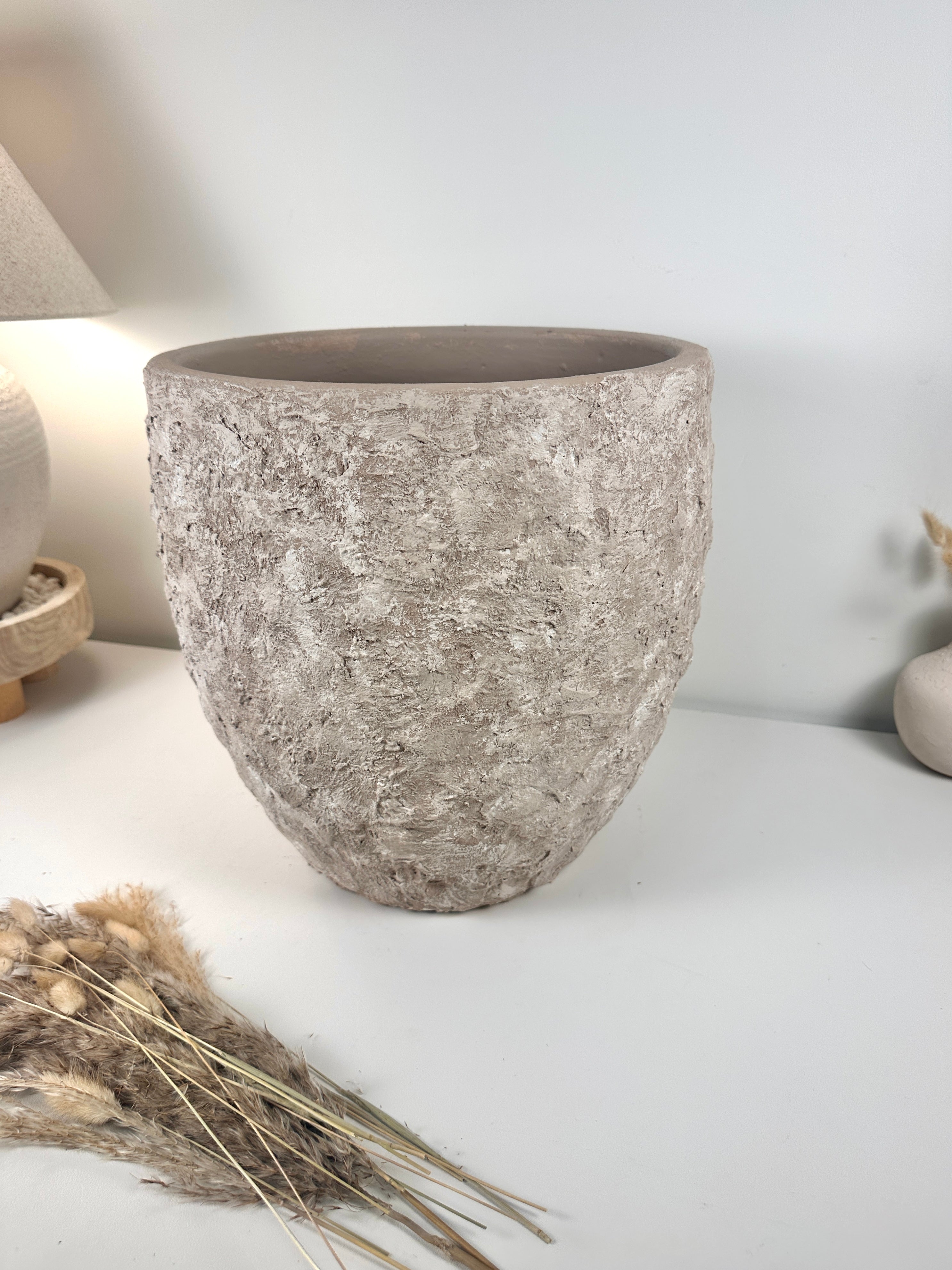 Minimalist Hand-Painted & Textured Planter Pot 13.5" tall with drainage hole one time creation - Beige washed