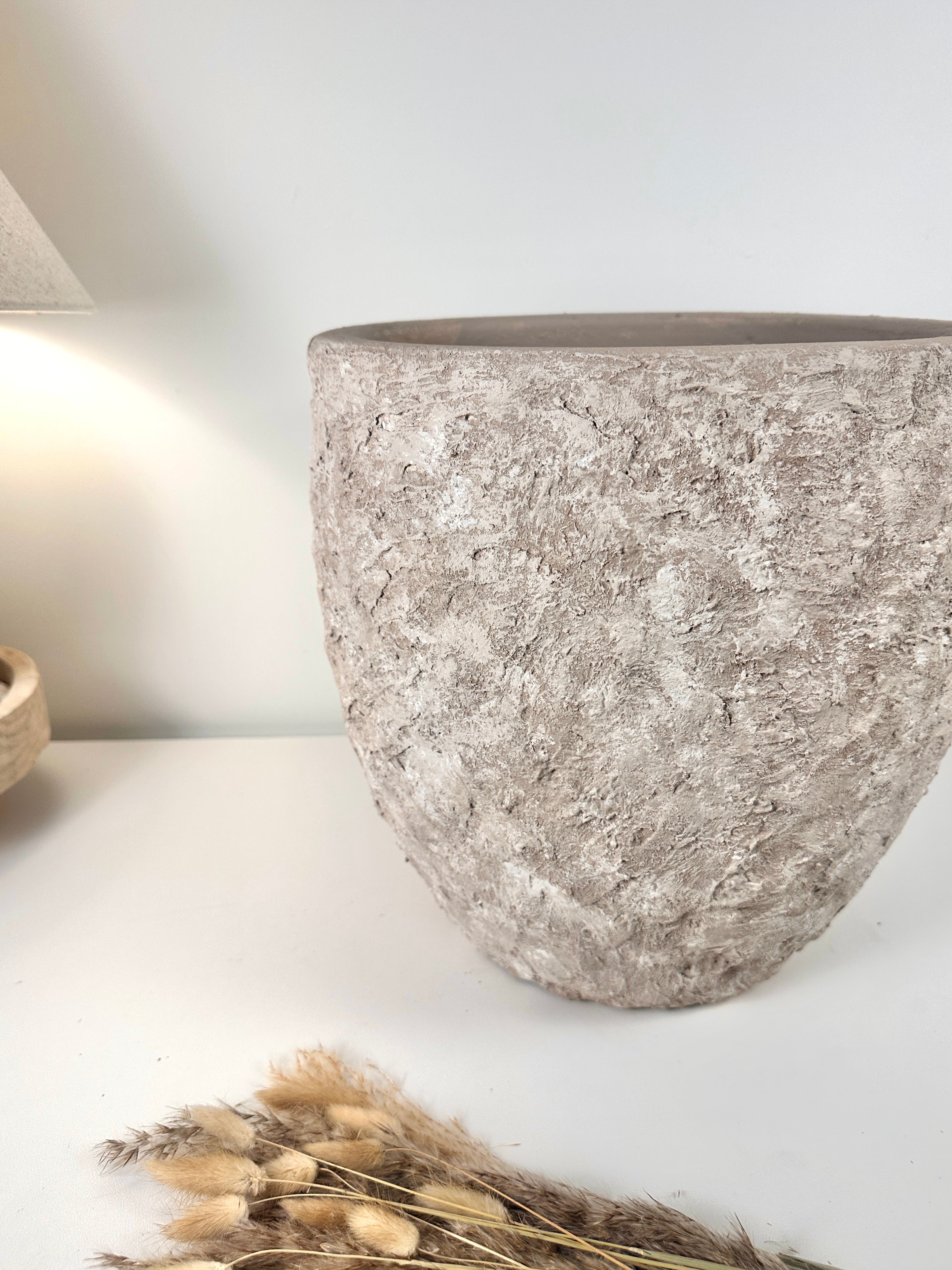 Minimalist Hand-Painted & Textured Planter Pot 13.5" tall with drainage hole one time creation - Beige washed