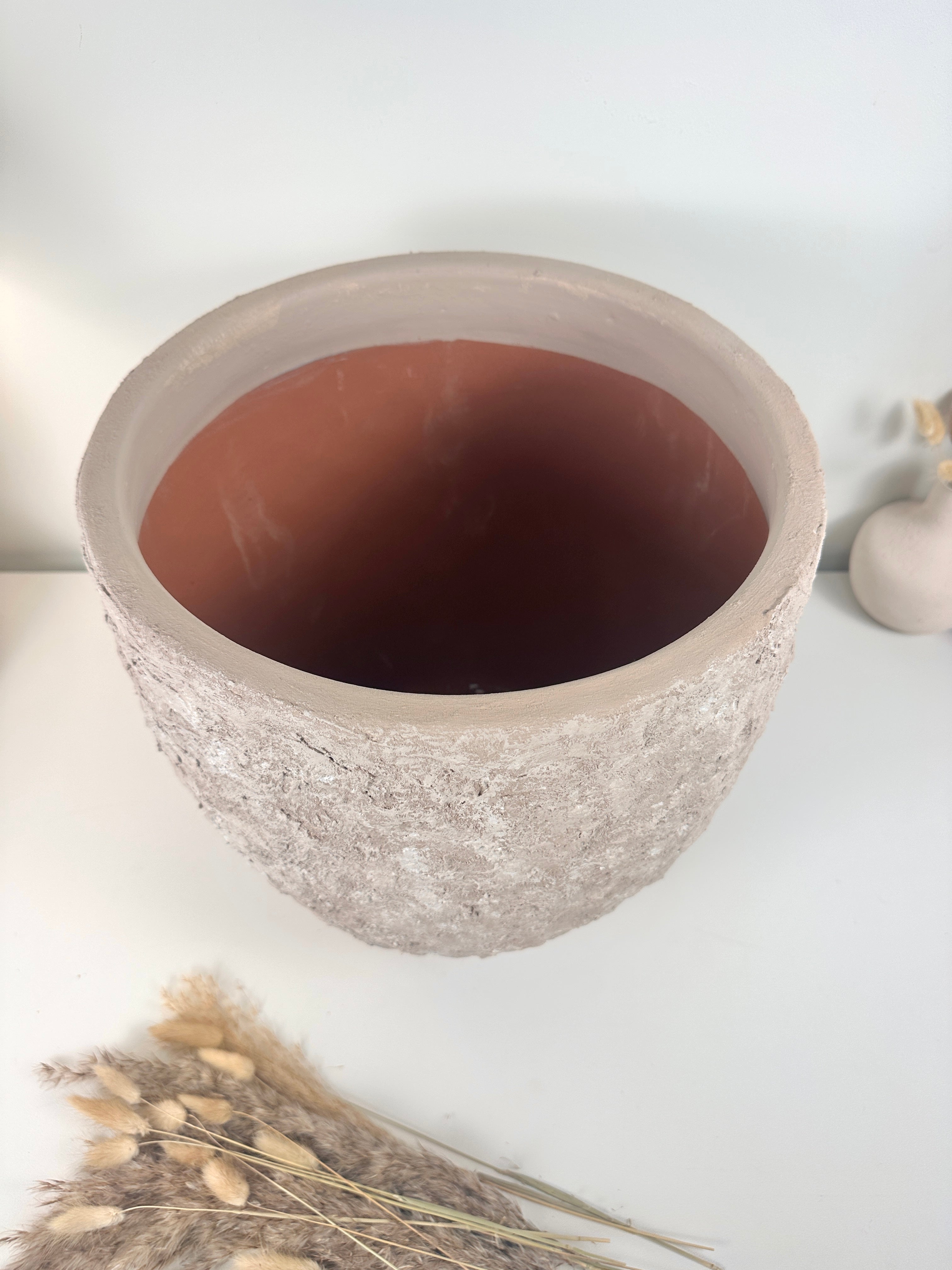 Minimalist Hand-Painted & Textured Planter Pot 13.5" tall with drainage hole one time creation - Beige washed