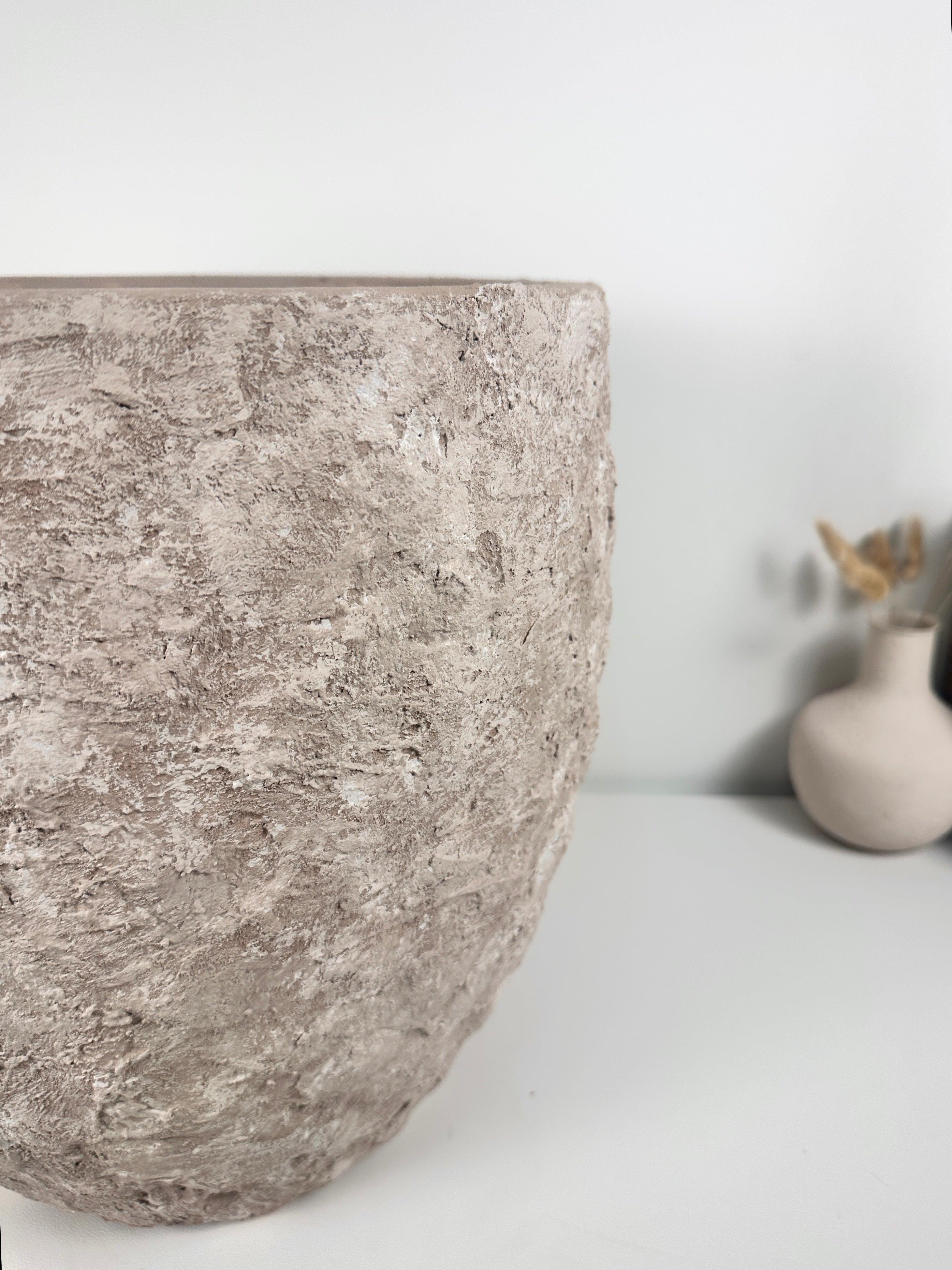 Minimalist Hand-Painted & Textured Planter Pot 13.5" tall with drainage hole one time creation - Beige washed