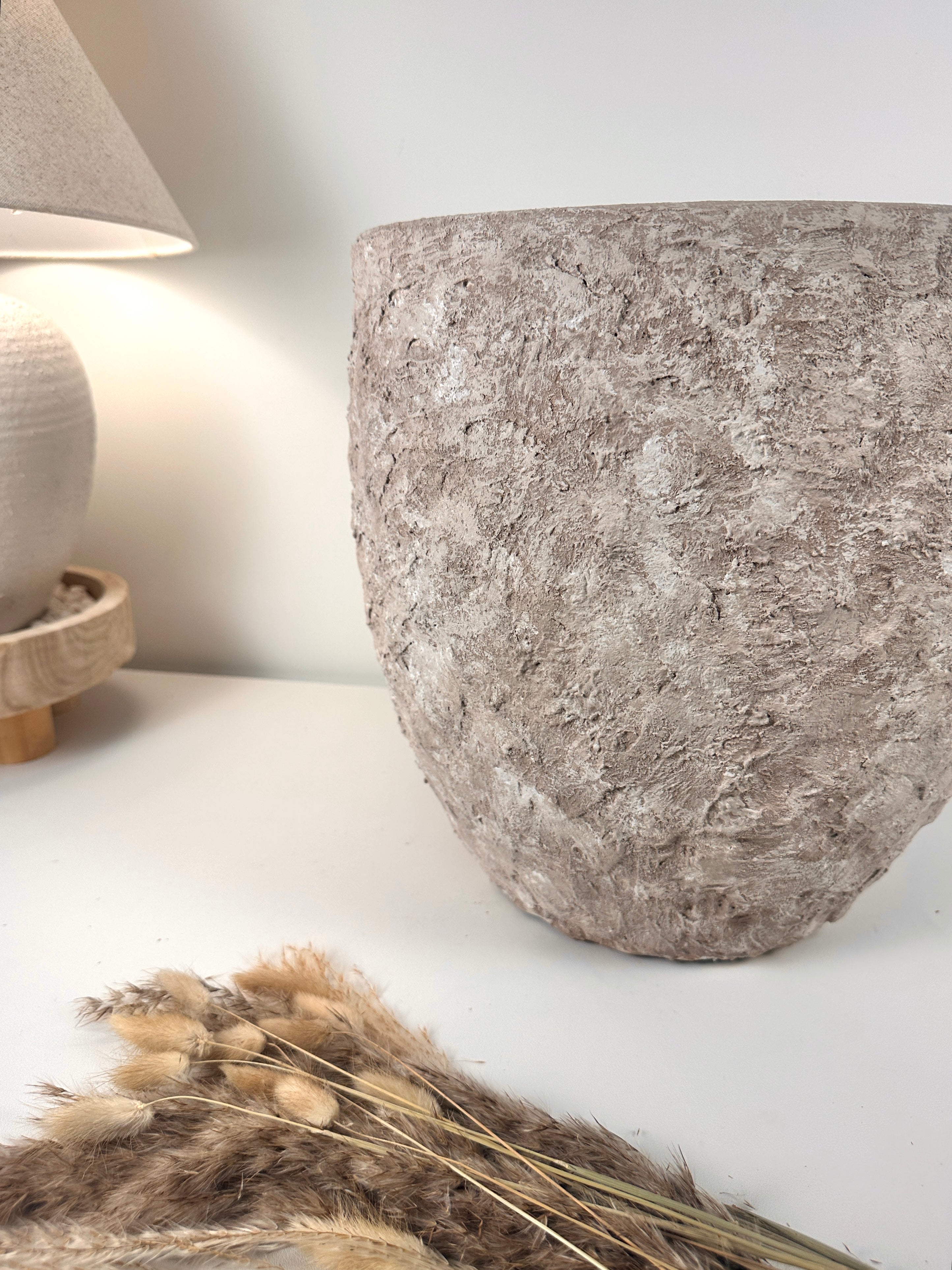 Minimalist Hand-Painted & Textured Planter Pot 13.5" tall with drainage hole one time creation - Beige washed
