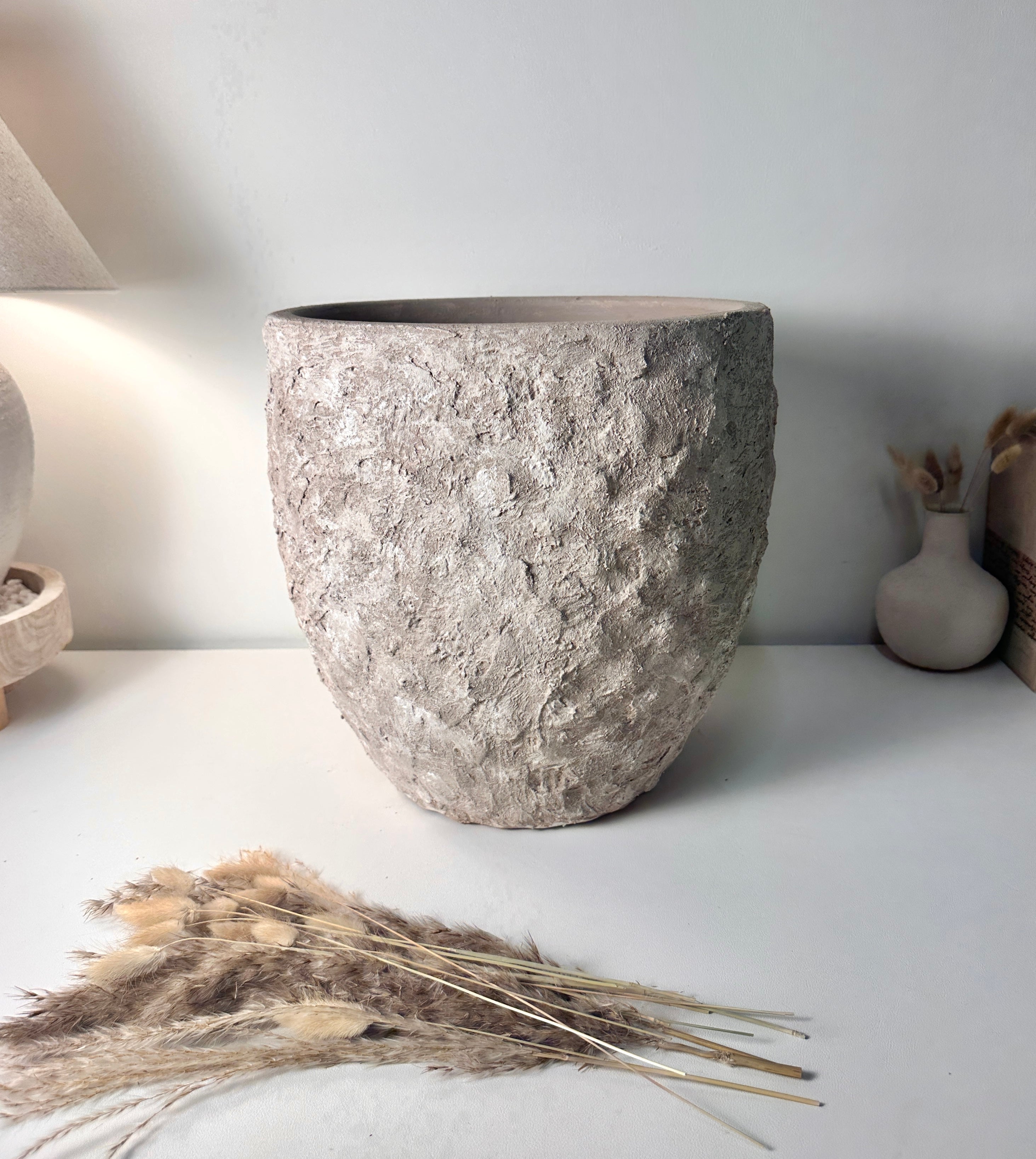 Minimalist Hand-Painted & Textured Planter Pot 13.5" tall with drainage hole one time creation - Beige washed