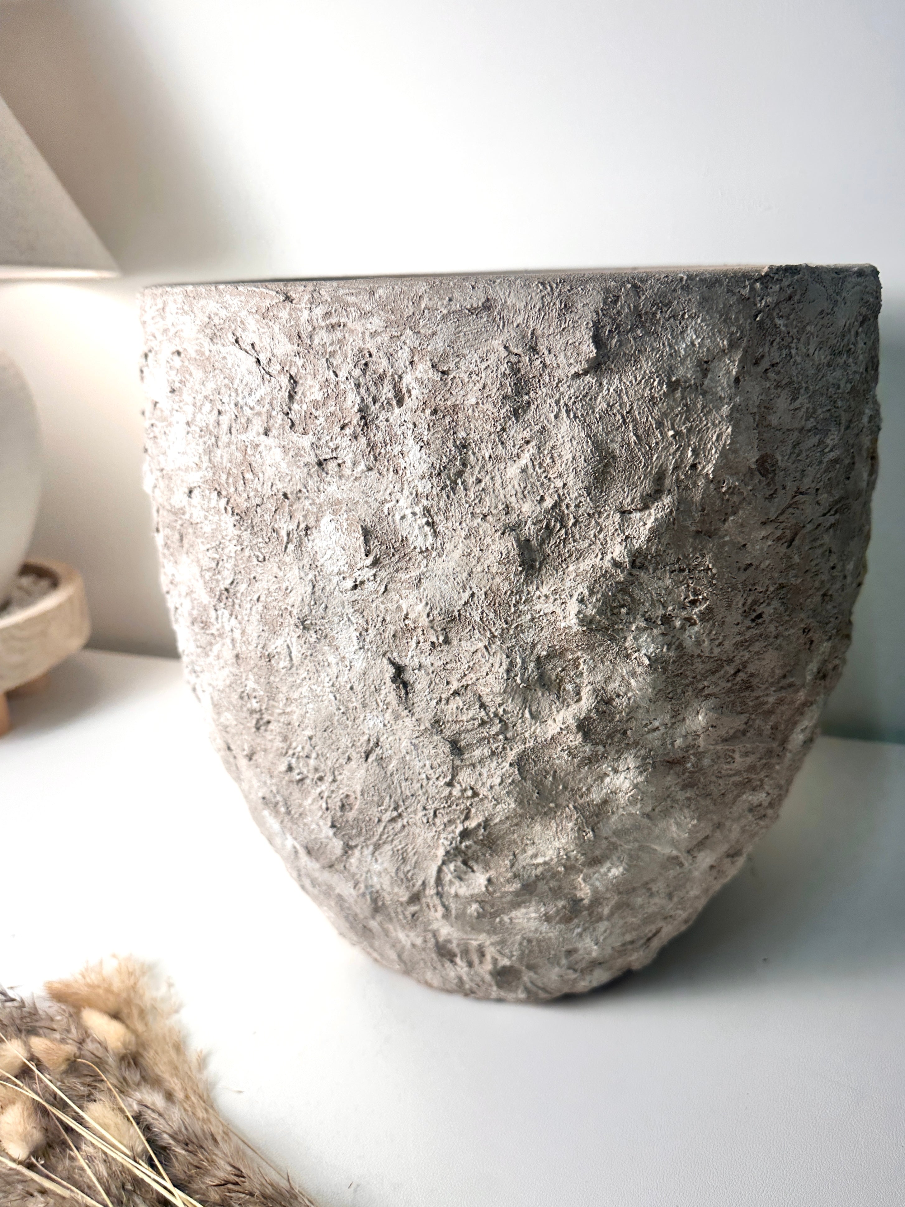 Minimalist Hand-Painted & Textured Planter Pot 13.5" tall with drainage hole one time creation - Beige washed