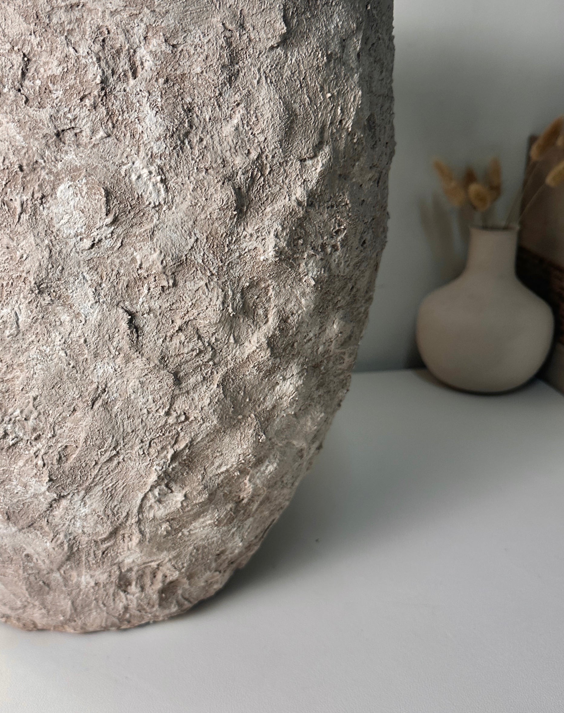 Minimalist Hand-Painted & Textured Planter Pot 13.5" tall with drainage hole one time creation - Beige washed