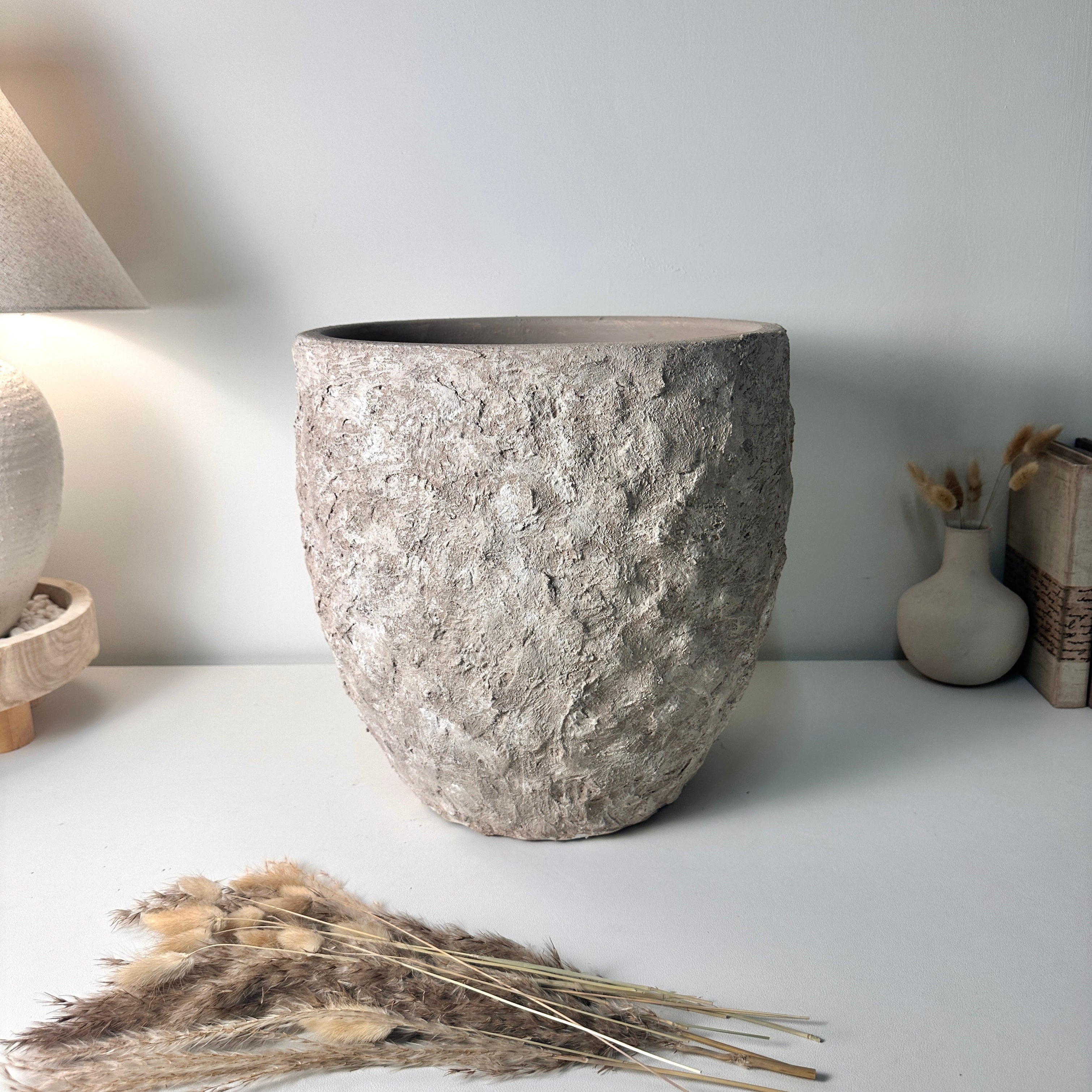 Minimalist Hand-Painted & Textured Planter Pot 13.5" tall with drainage hole one time creation - Beige washed