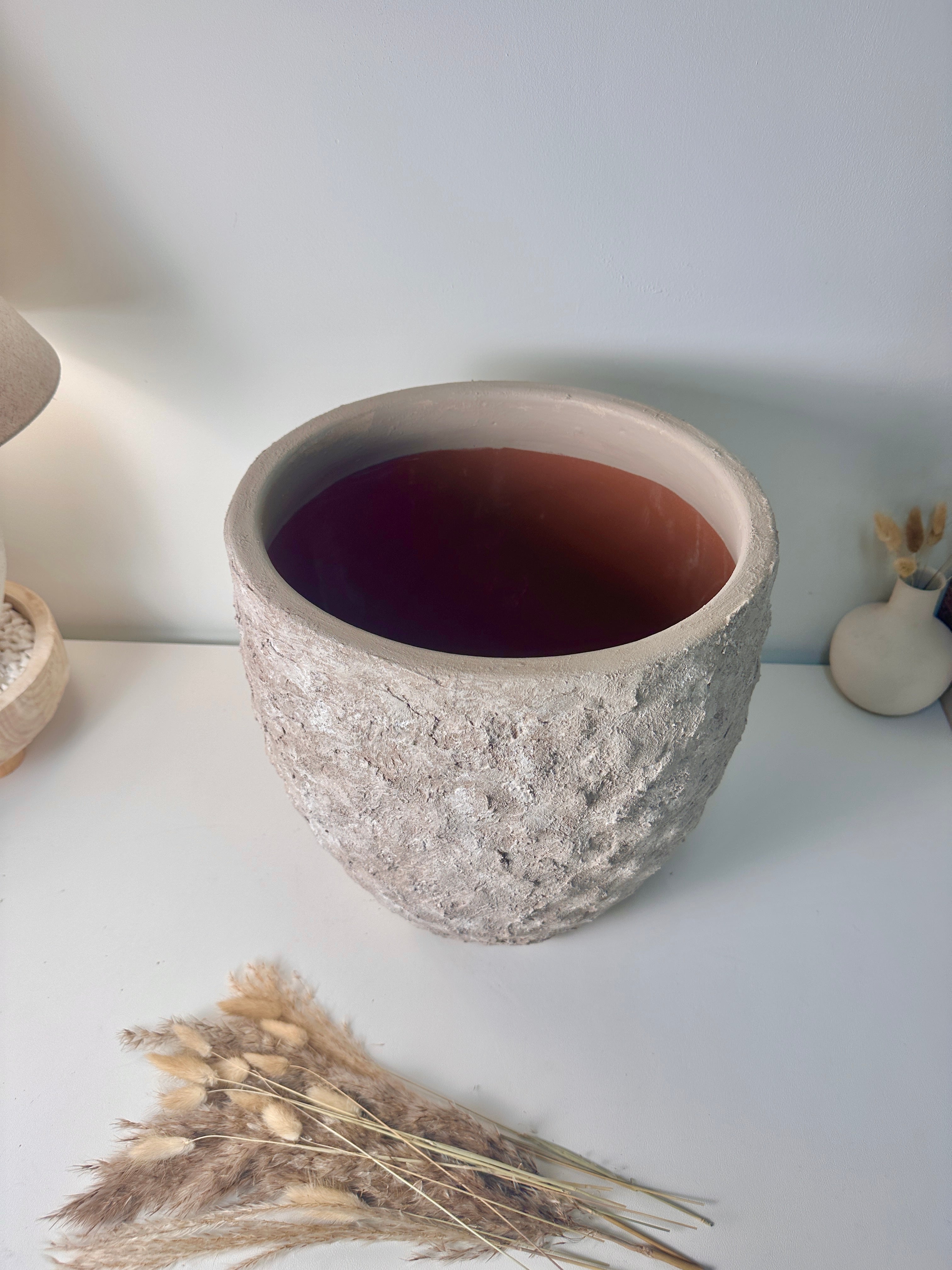 Minimalist Hand-Painted & Textured Planter Pot 13.5" tall with drainage hole one time creation - Beige washed