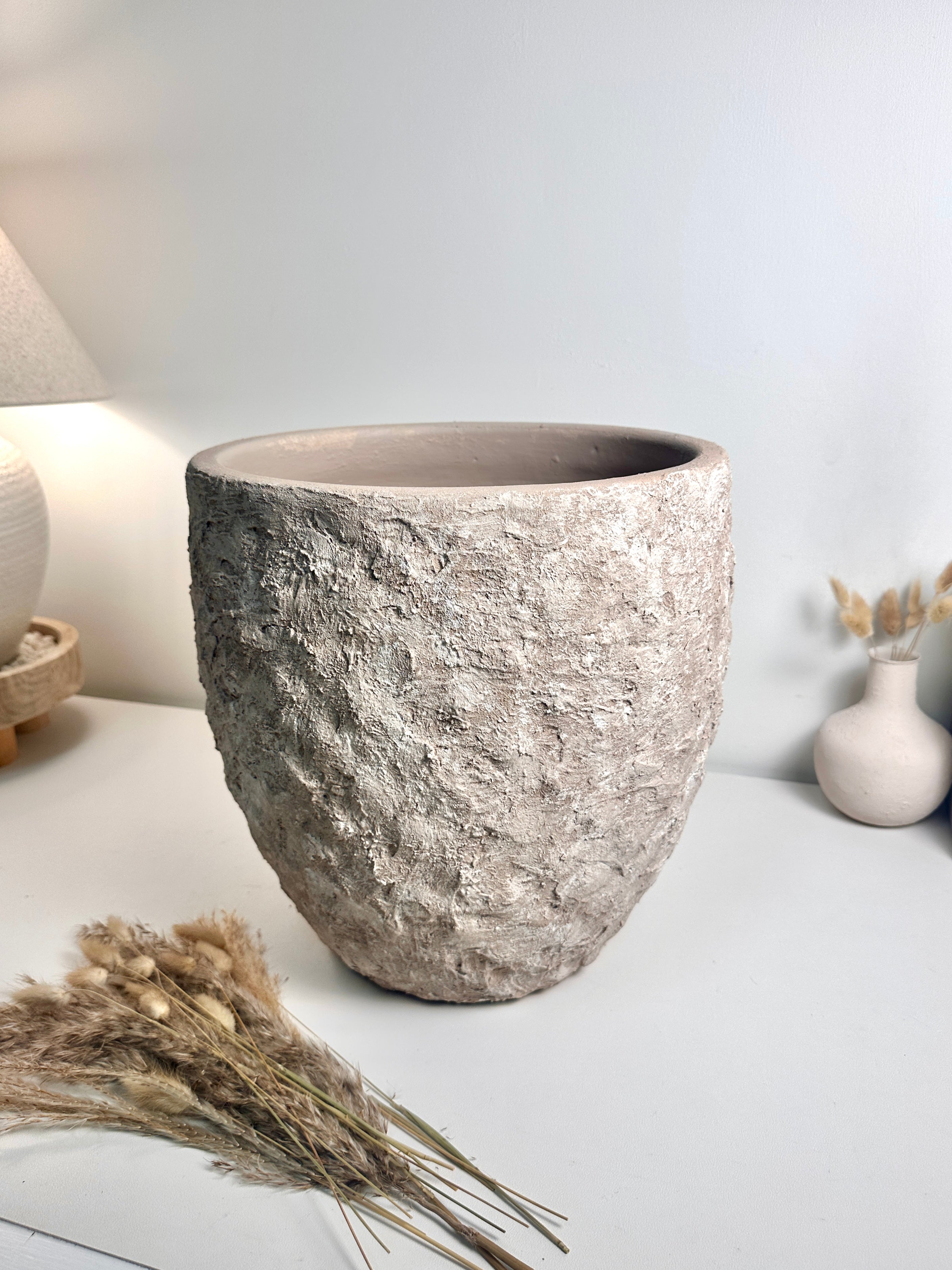 Minimalist Hand-Painted & Textured Planter Pot 13.5" tall with drainage hole one time creation - Beige washed