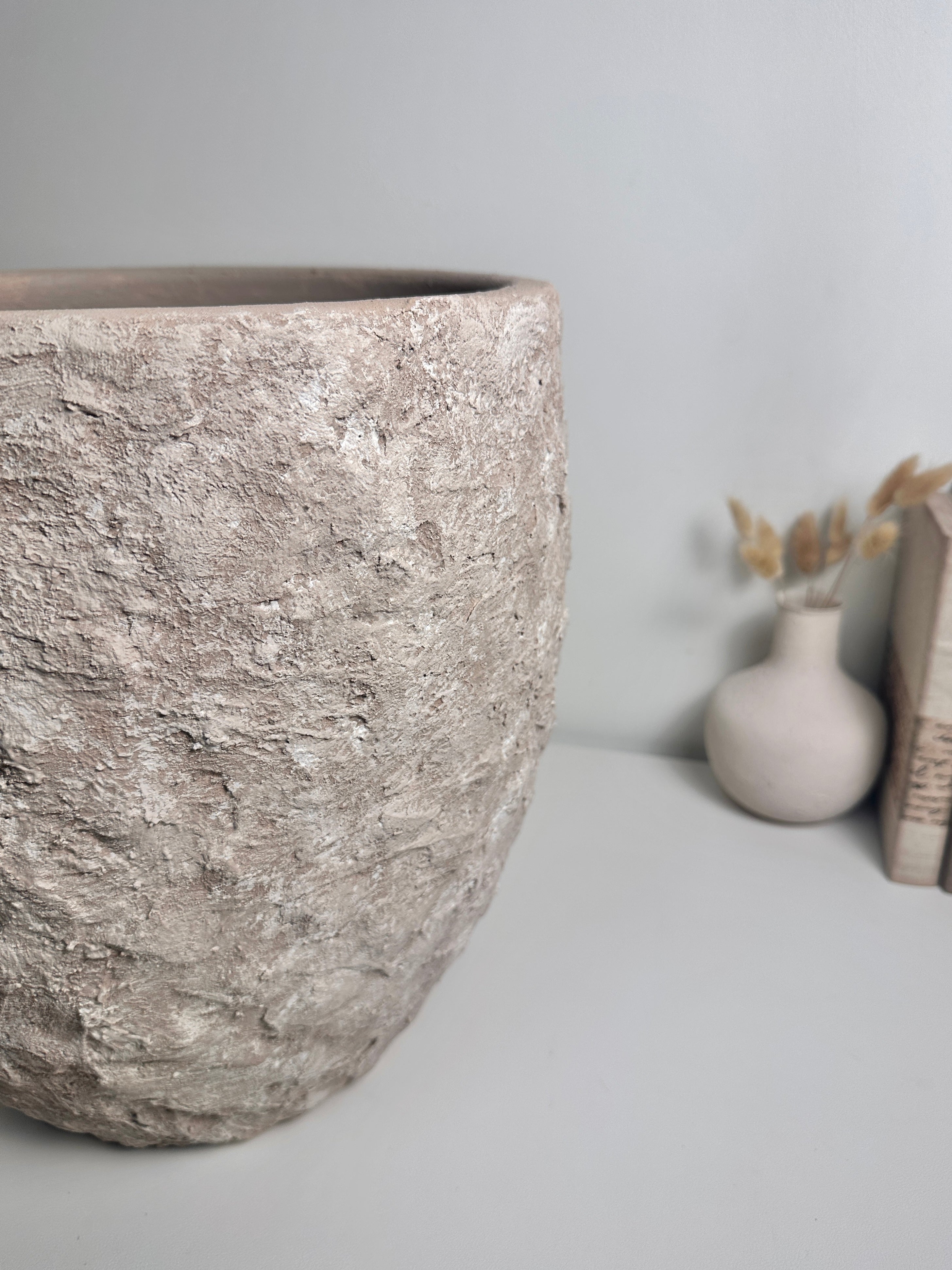 Minimalist Hand-Painted & Textured Planter Pot 13.5" tall with drainage hole one time creation - Beige washed