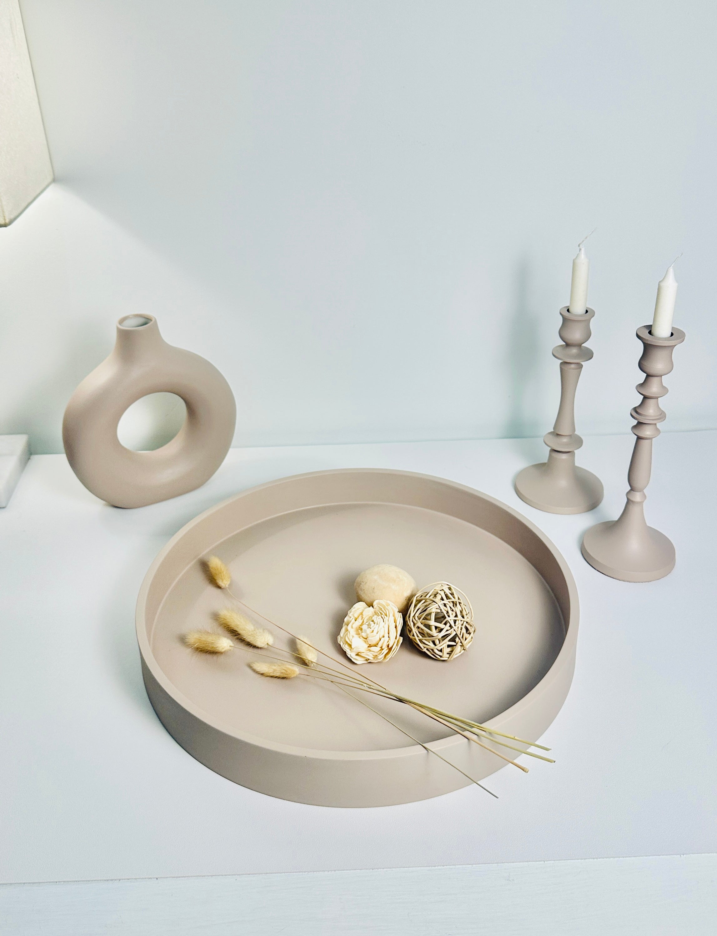 Round Wood Tray and Set of 2 Candle Holders - Tan Matte