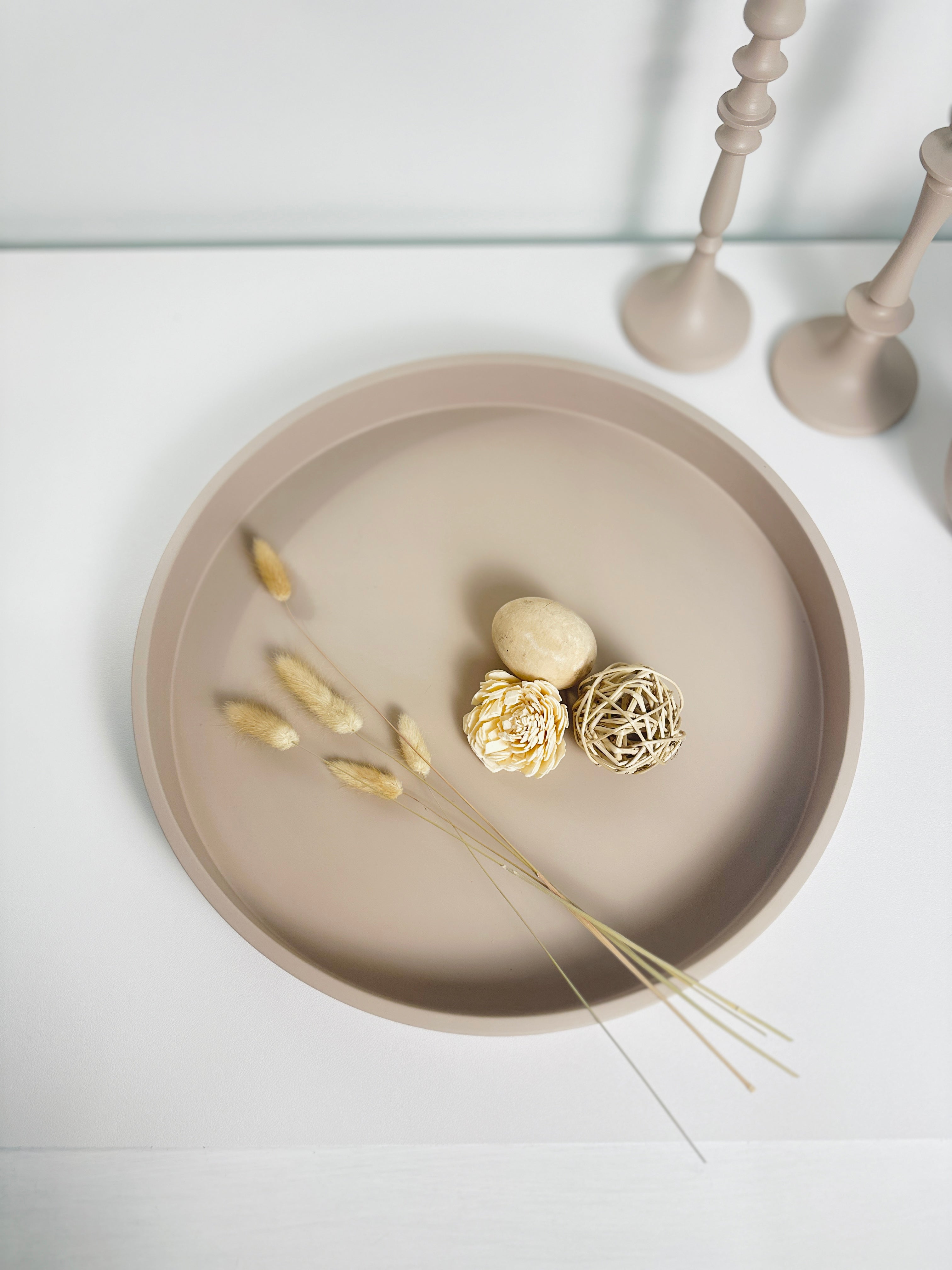 Round Wood Tray and Set of 2 Candle Holders - Tan Matte
