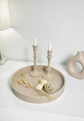 Round Wood Tray and Set of 2 Candle Holders - Tan Matte