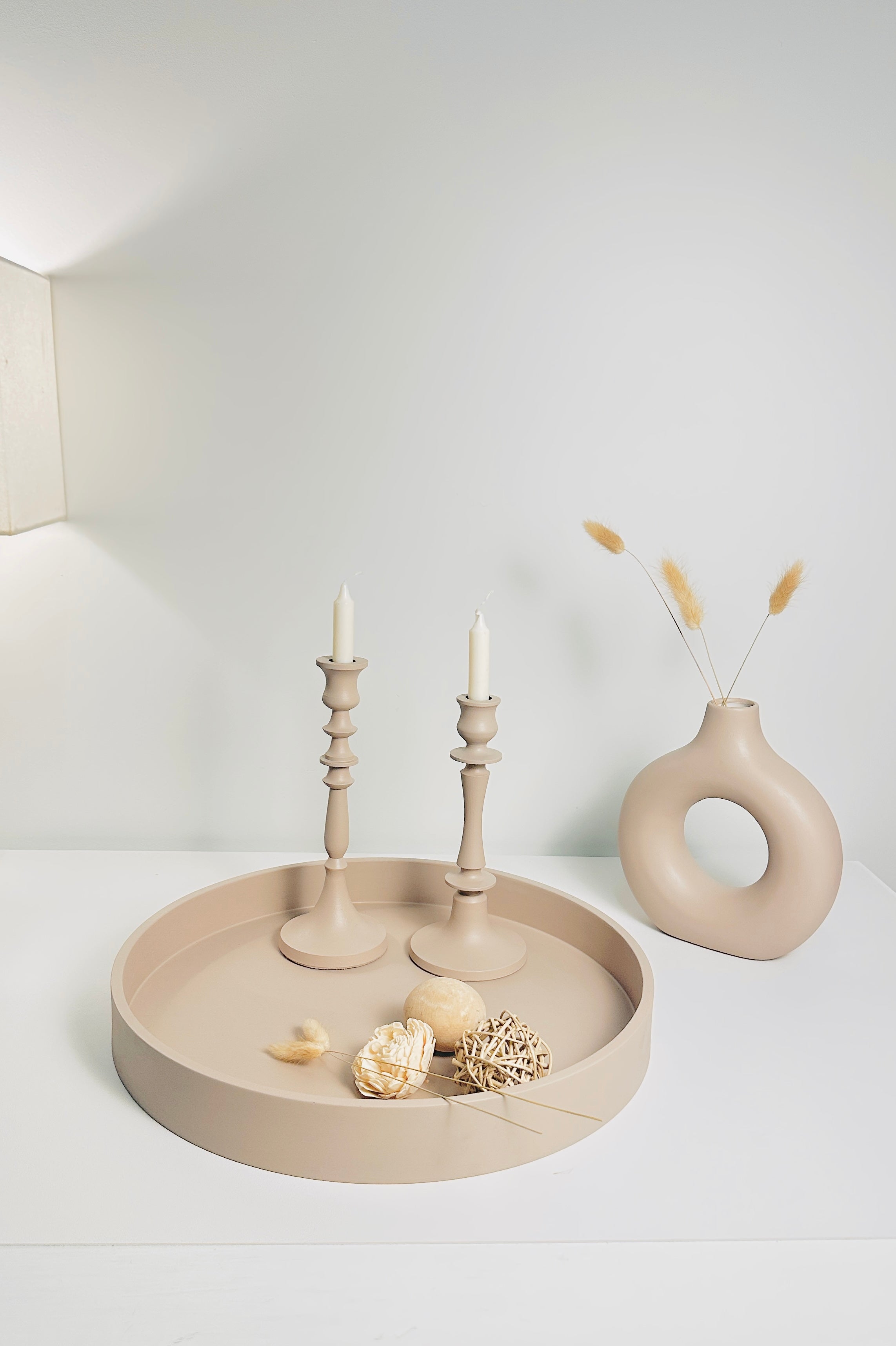 Round Wood Tray and Set of 2 Candle Holders - Tan Matte