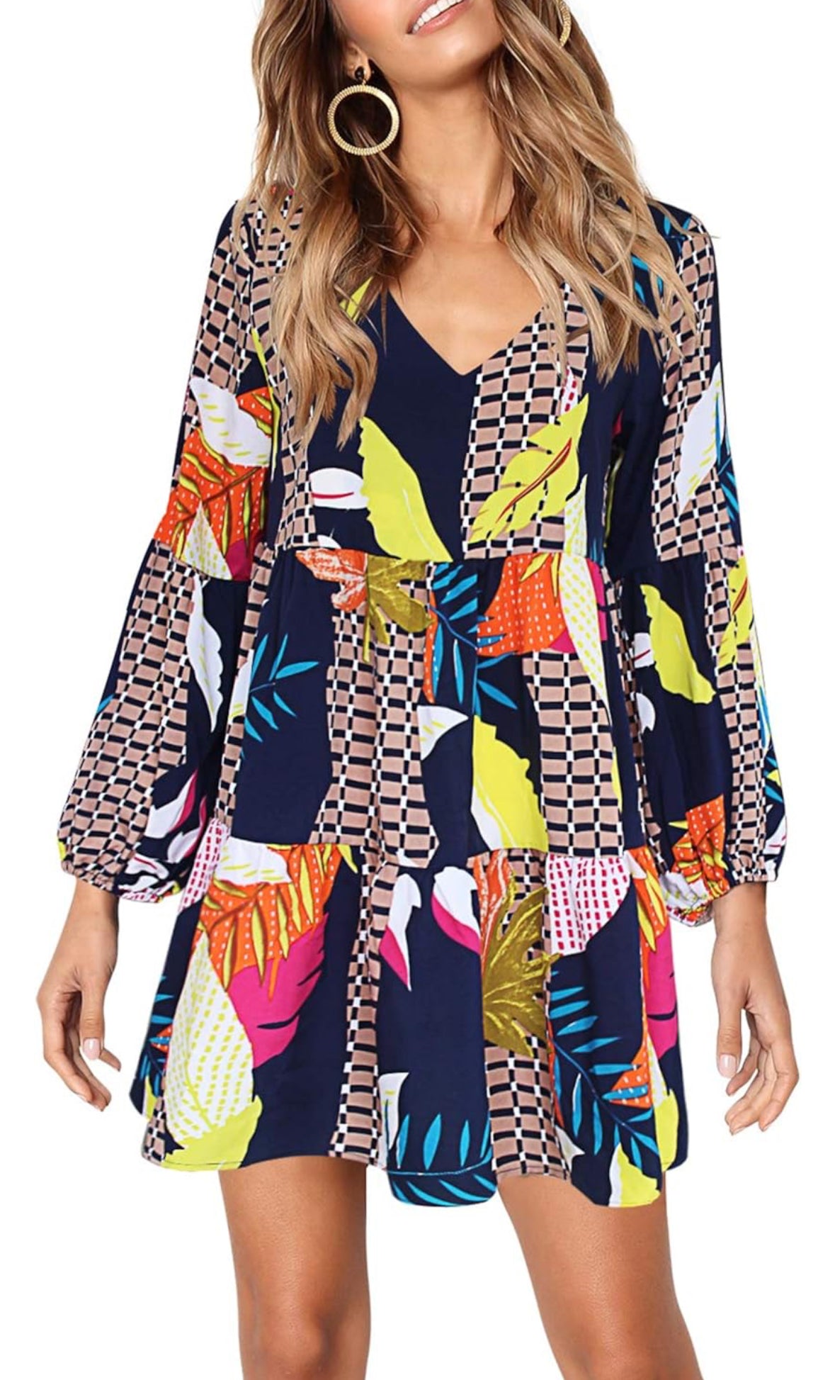 Women's V-Neck Dress, Long Sleeve, Floral Print, Navy Multi-Color, Casual Loose Swing Tunic