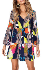 Women's V-Neck Dress, Long Sleeve, Floral Print, Navy Multi-Color, Casual Loose Swing Tunic