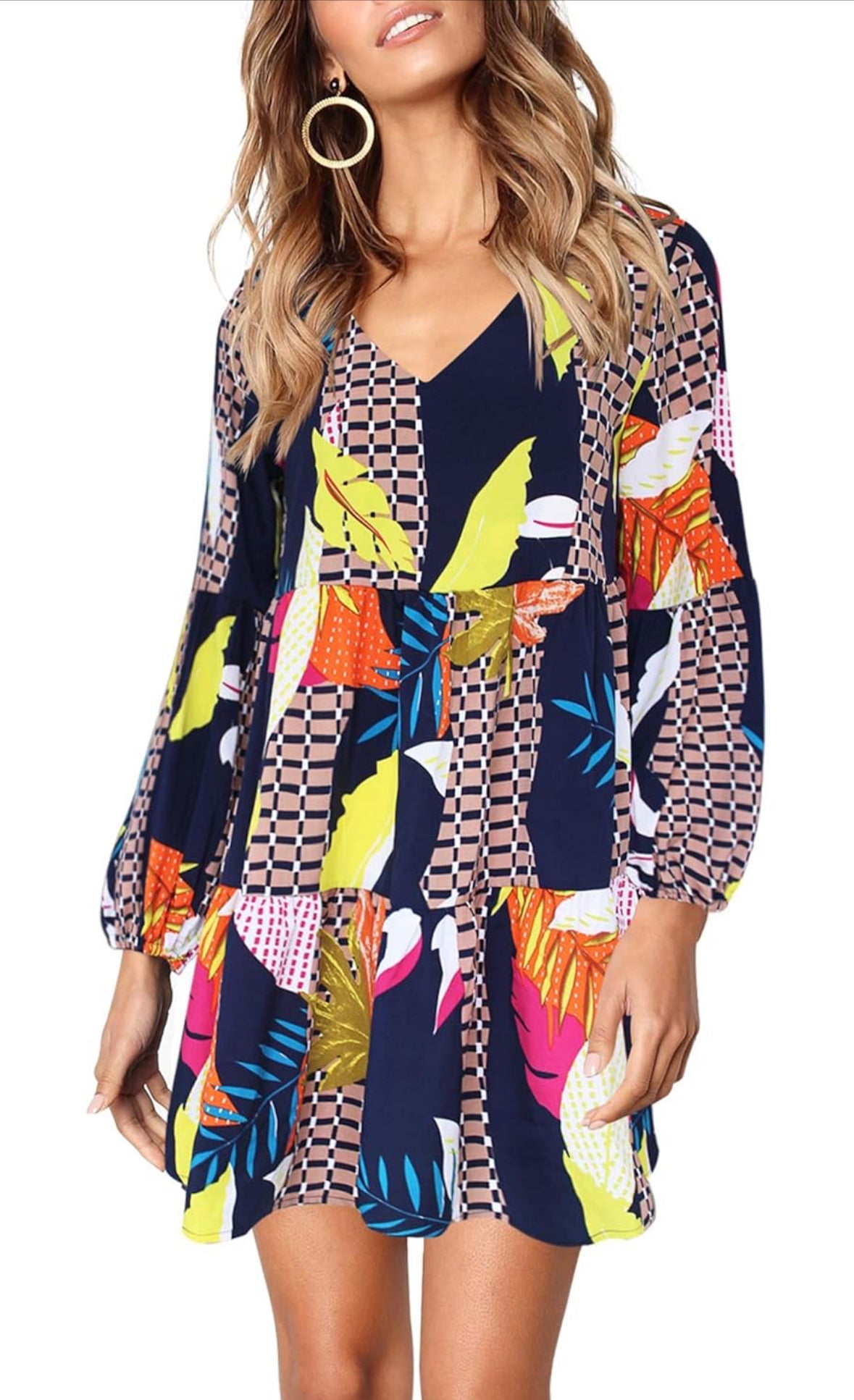Women's V-Neck Dress, Long Sleeve, Floral Print, Navy Multi-Color, Casual Loose Swing Tunic