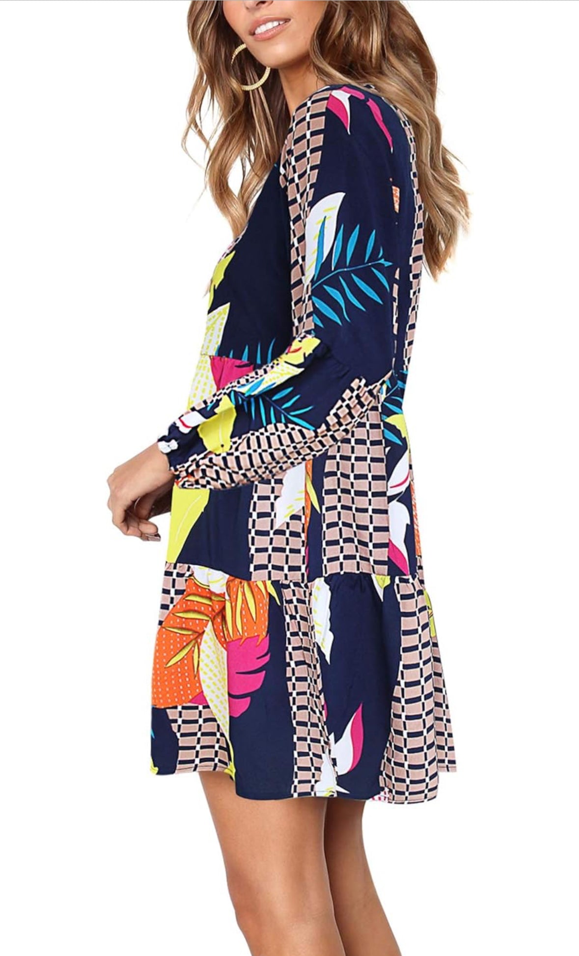 Women's V-Neck Dress, Long Sleeve, Floral Print, Navy Multi-Color, Casual Loose Swing Tunic