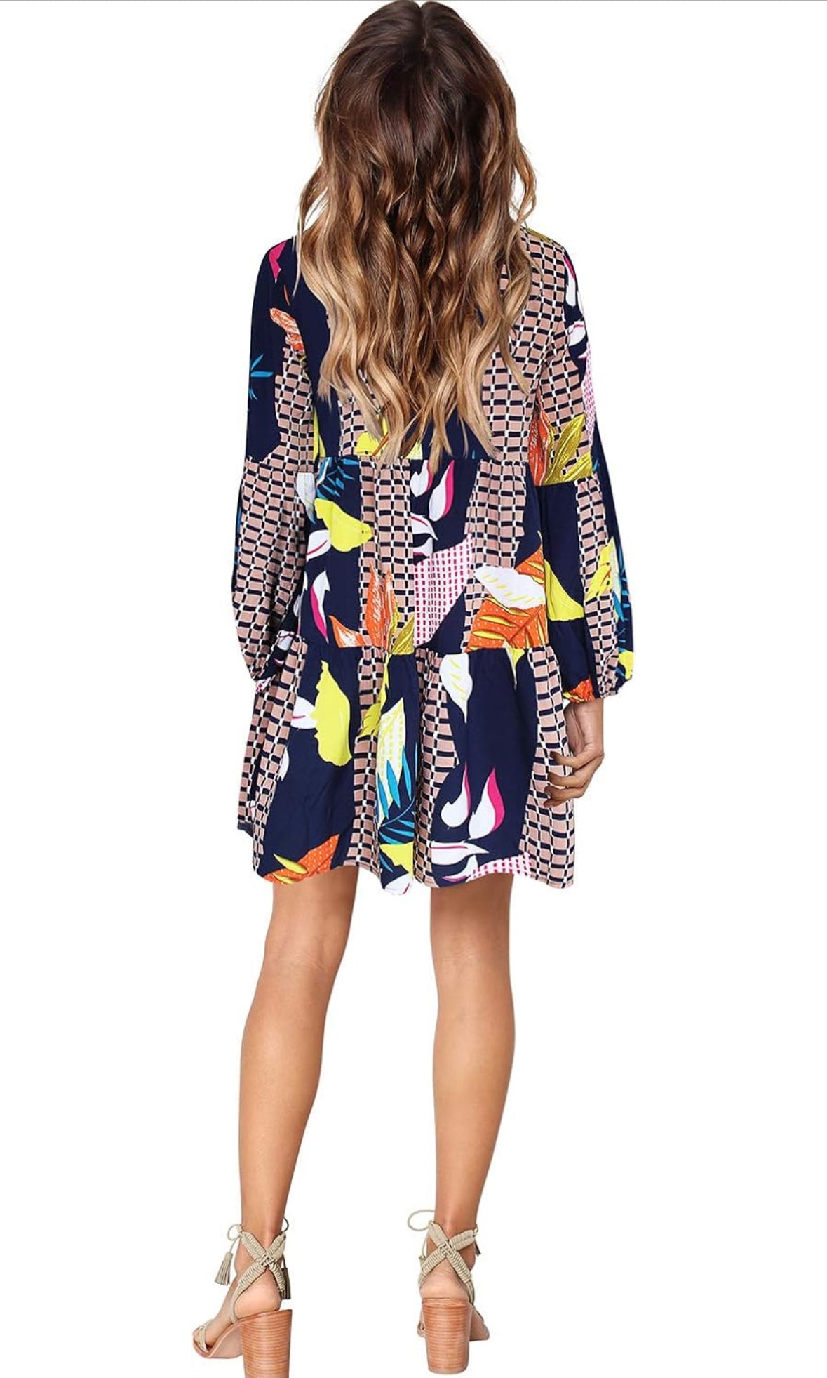 Women's V-Neck Dress, Long Sleeve, Floral Print, Navy Multi-Color, Casual Loose Swing Tunic